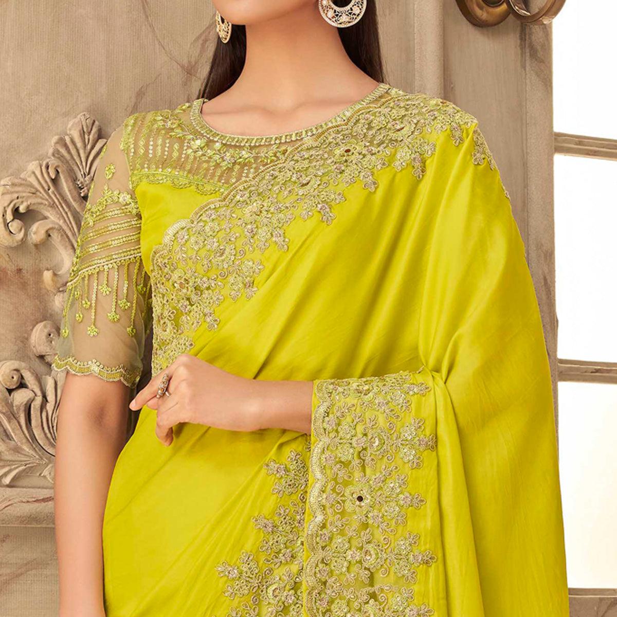 Green  Partywear Sequence Embroidered  Silk Saree - Peachmode
