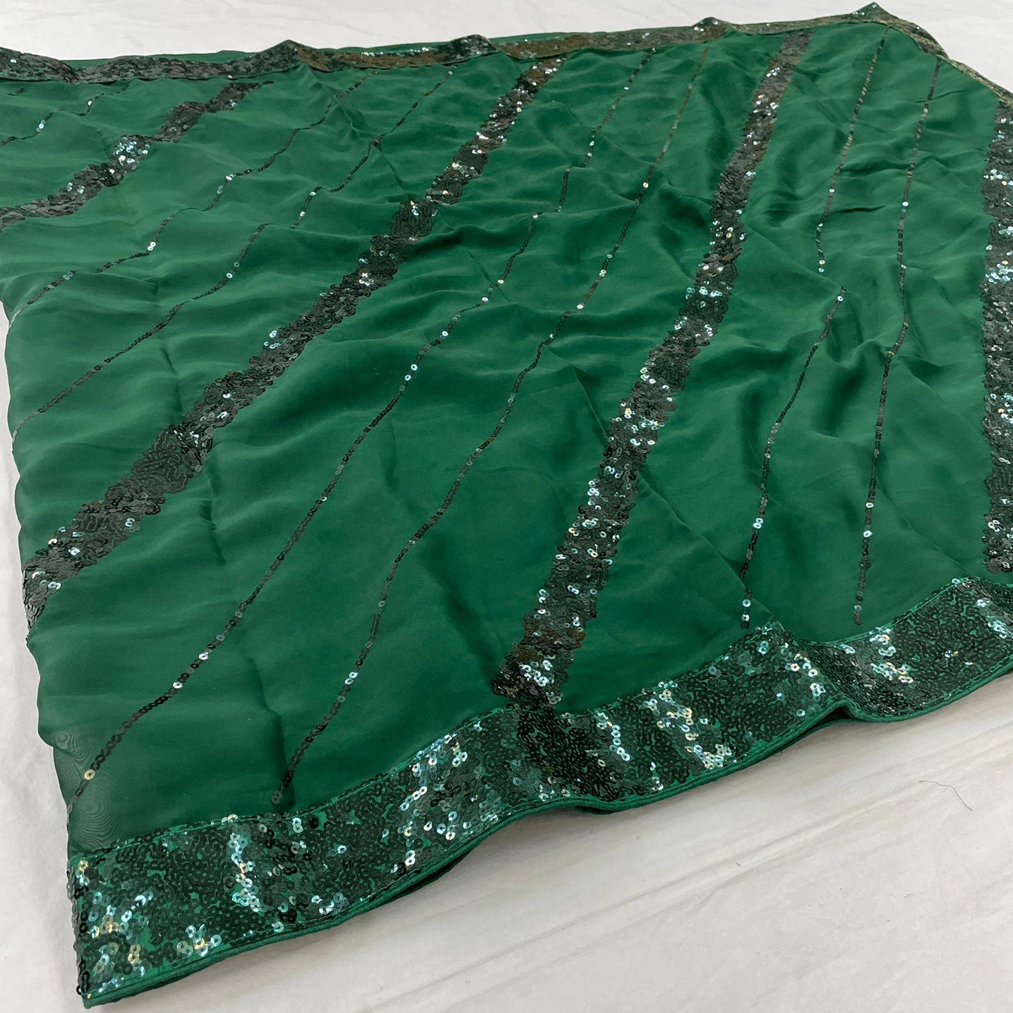 Green Partywear Sequence Embroidered Silk Saree - Peachmode