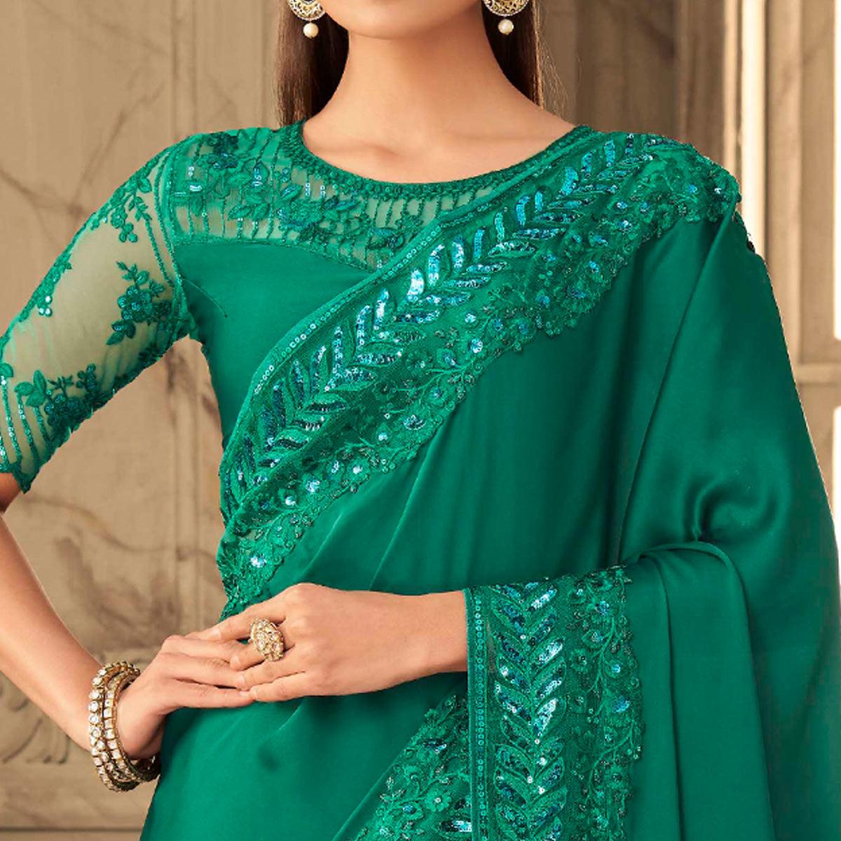 Green Partywear Sequence Embroidered  Silk Saree - Peachmode