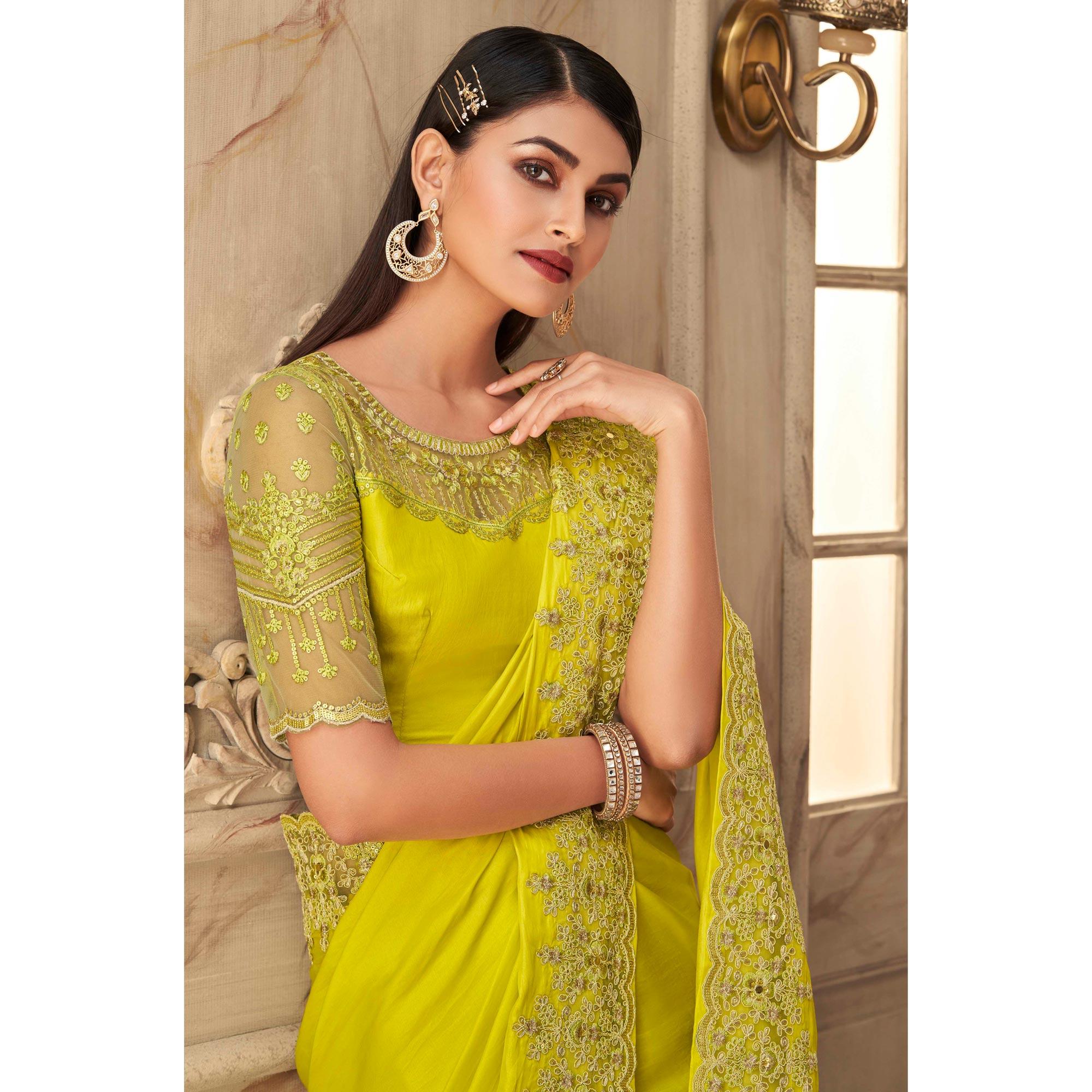 Green  Partywear Sequence Embroidered  Silk Saree - Peachmode