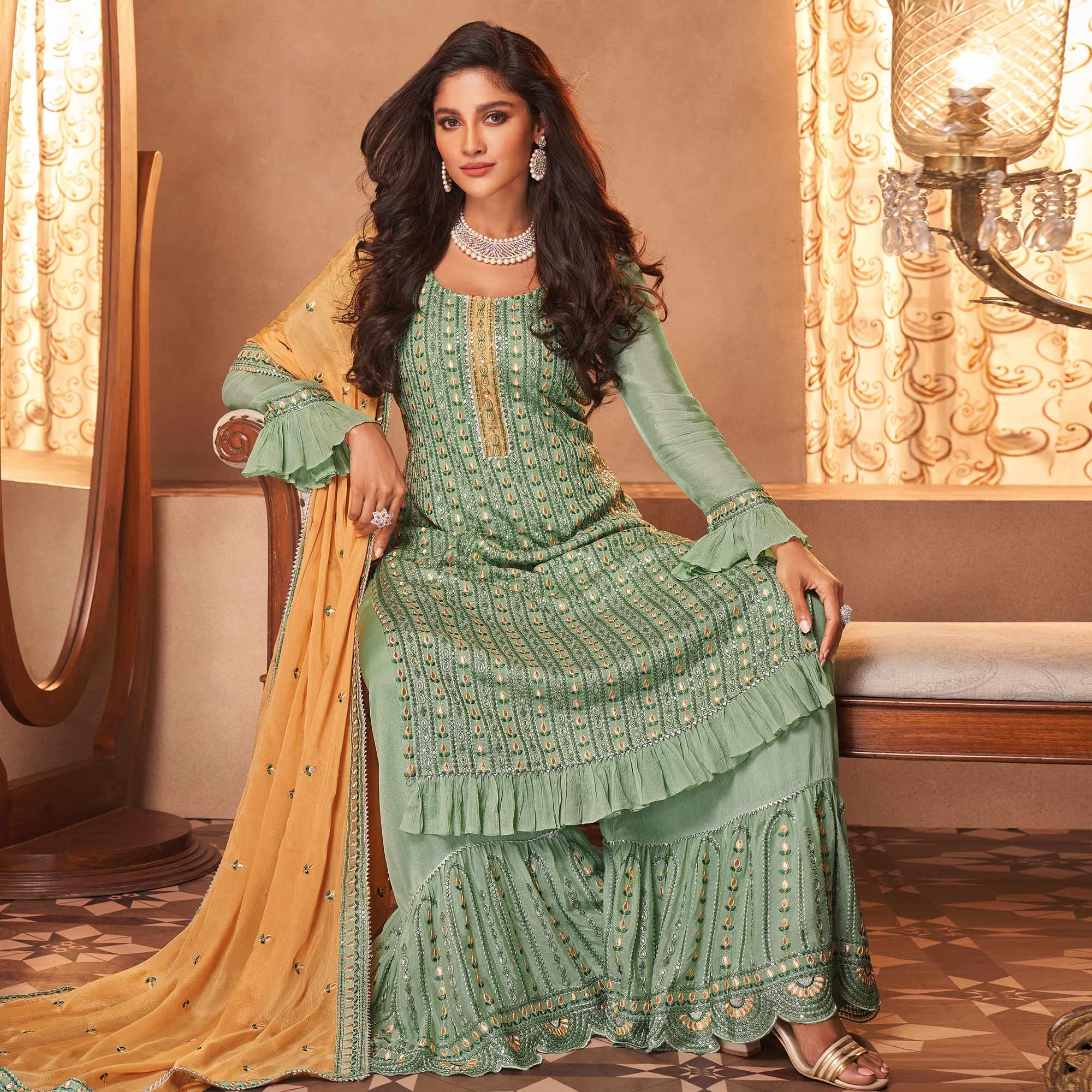 Green Partywear Sequence Embroidery Georgette Palazzo Suit - Peachmode