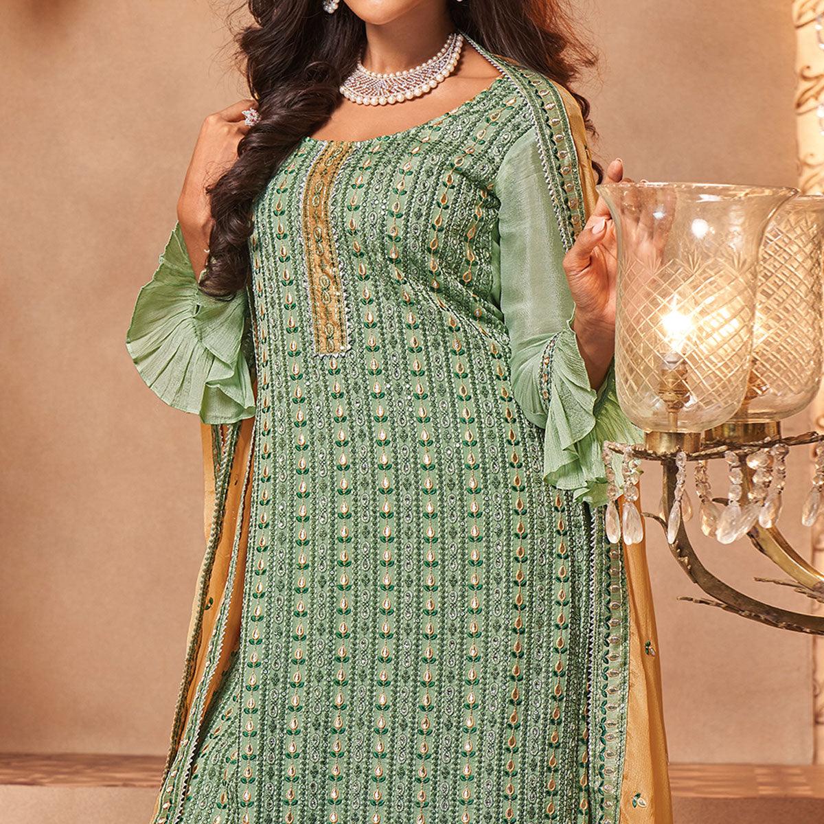 Green Partywear Sequence Embroidery Georgette Palazzo Suit - Peachmode