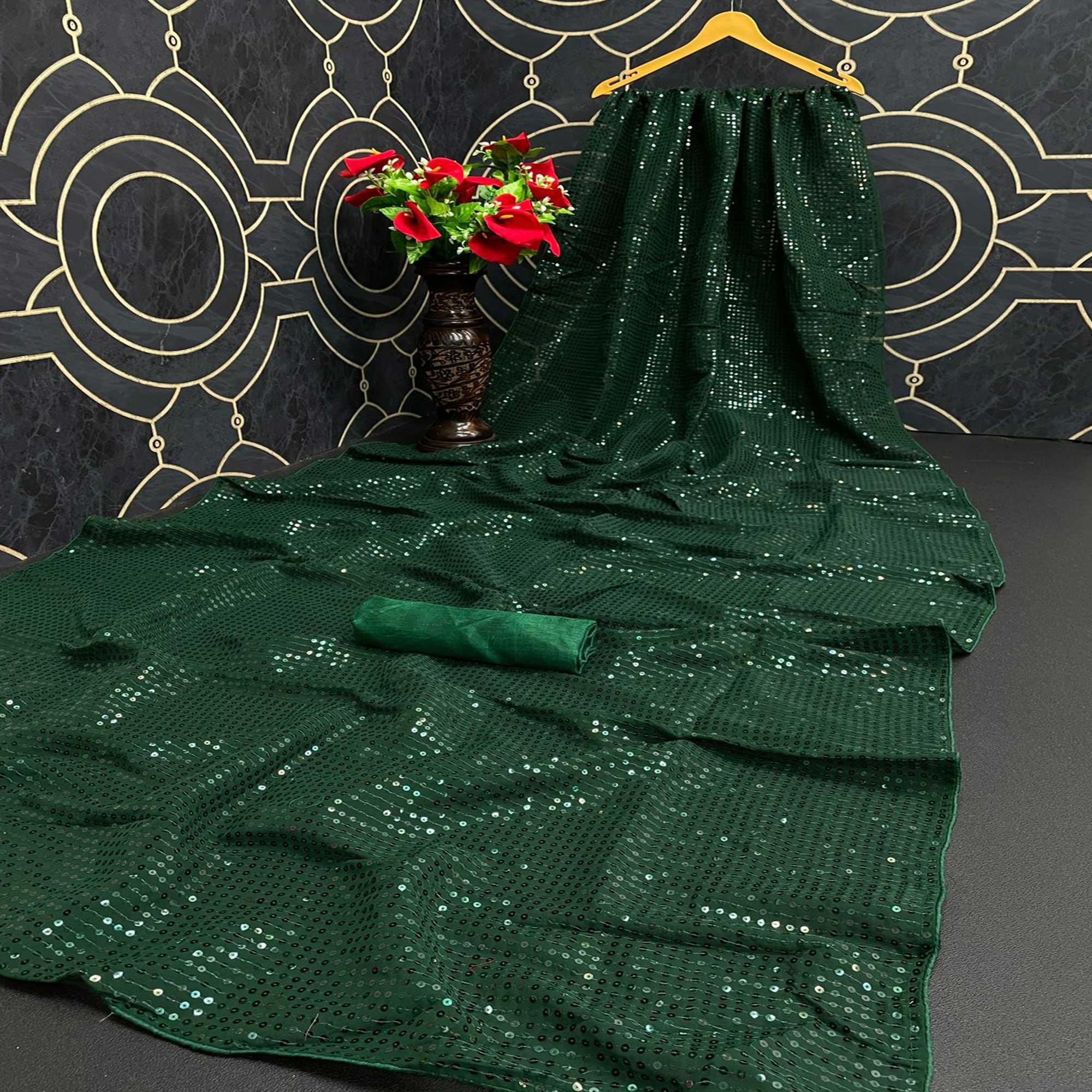 Green Partywear Sequence Work Georgette Saree - Peachmode