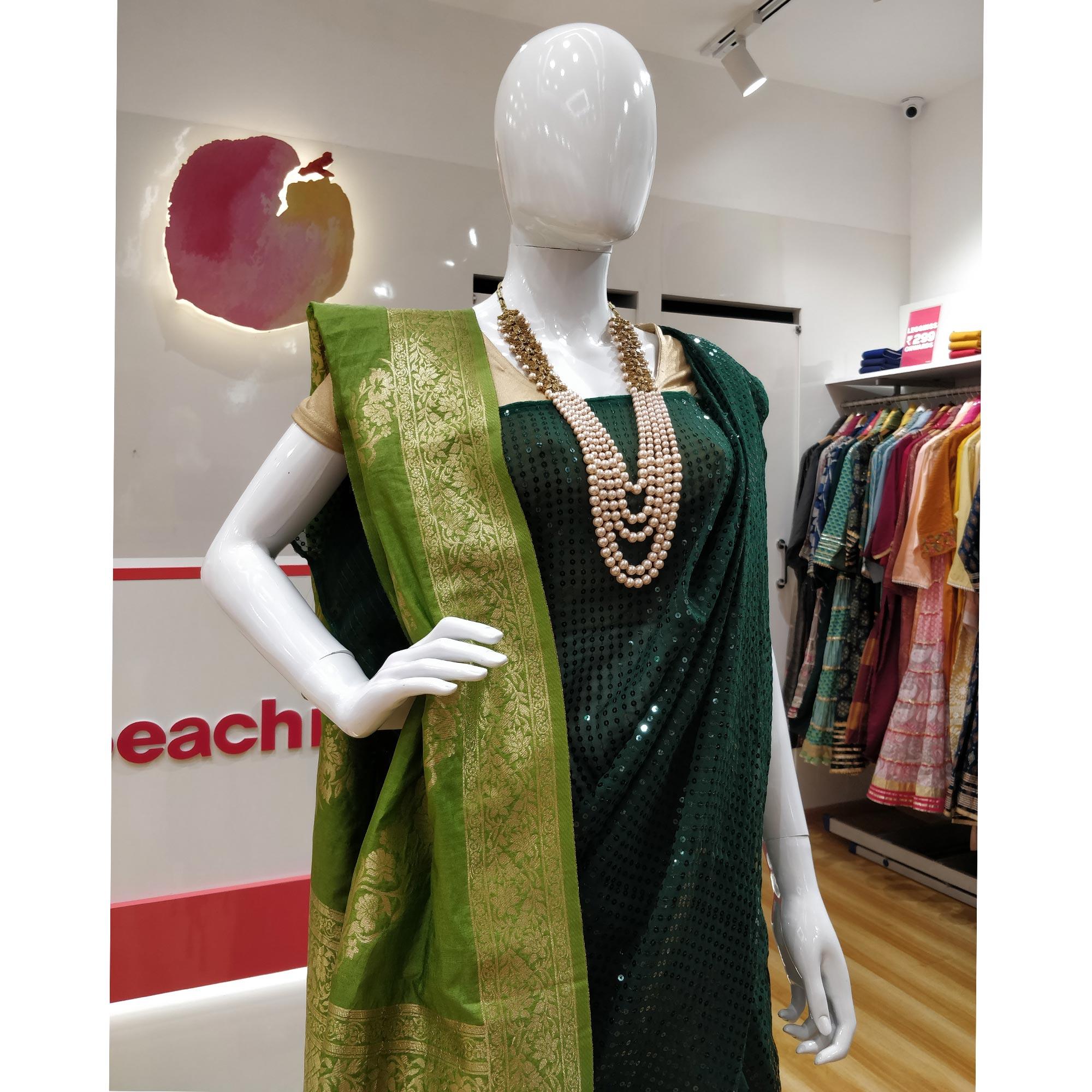 Green Partywear Sequence Work Georgette Saree - Peachmode
