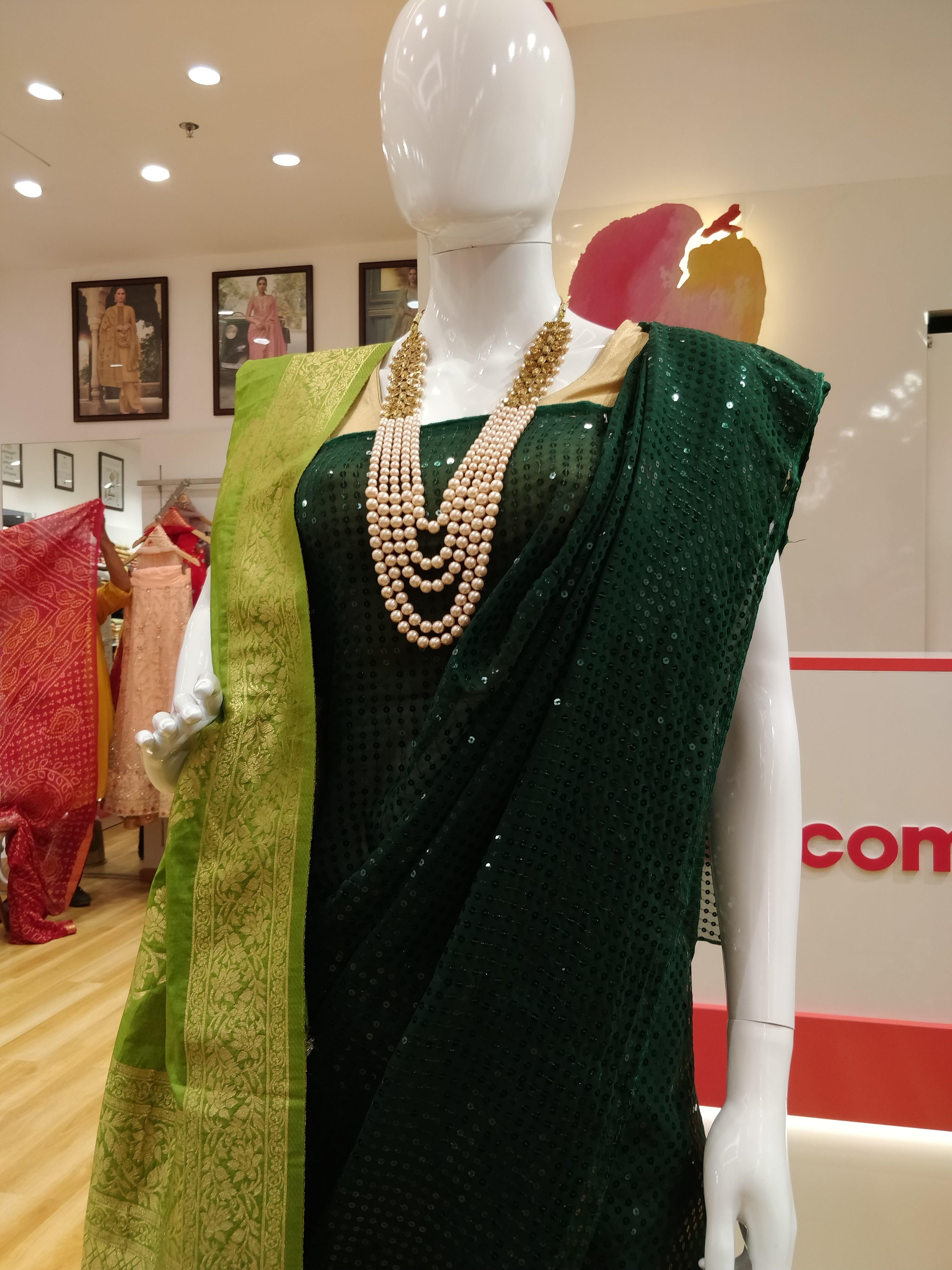 Green Partywear Sequence Work Georgette Saree - Peachmode