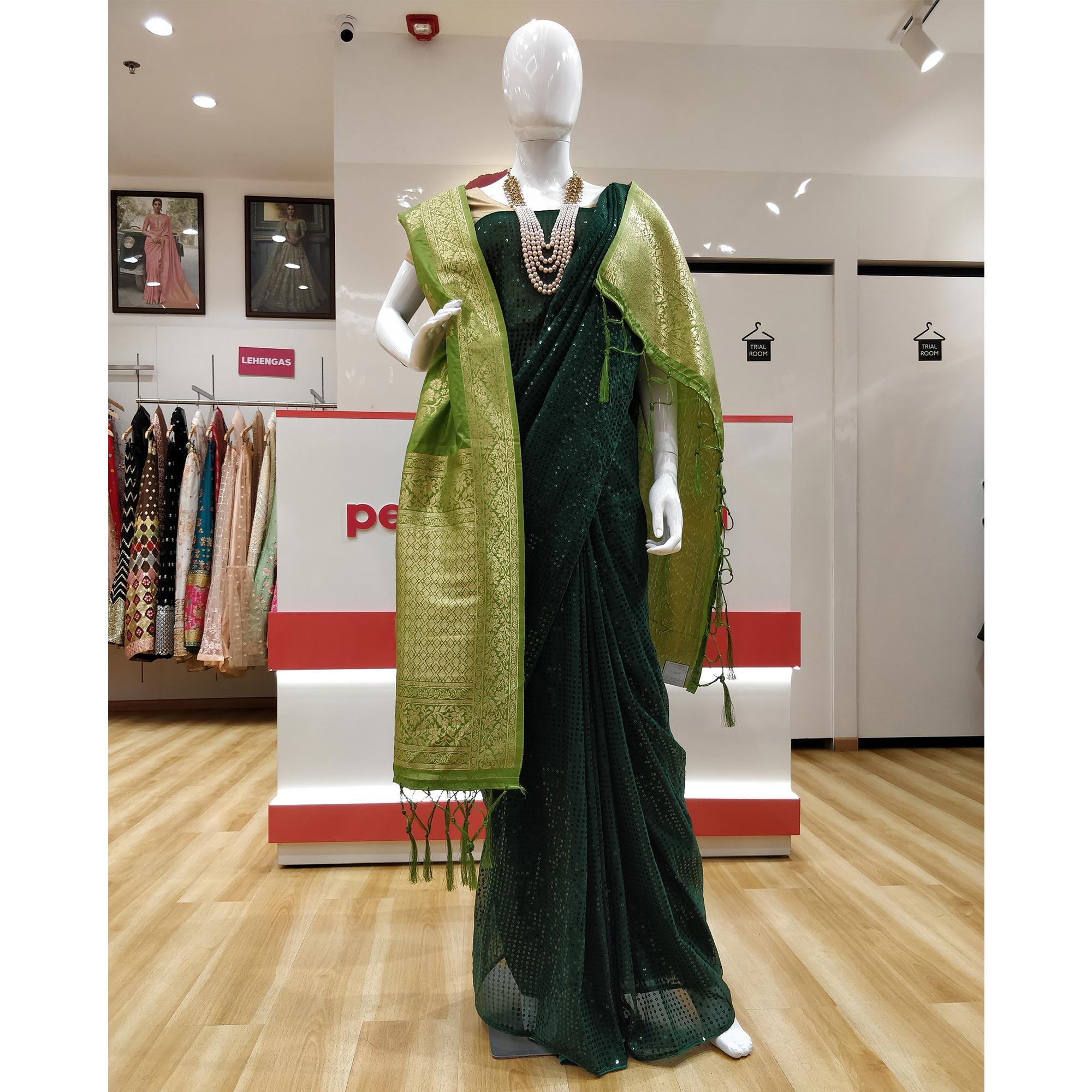Green Partywear Sequence Work Georgette Saree - Peachmode