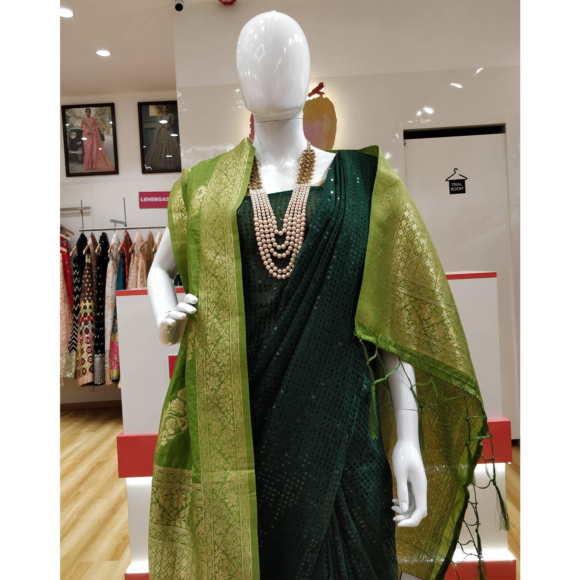 Green Partywear Sequence Work Georgette Saree - Peachmode