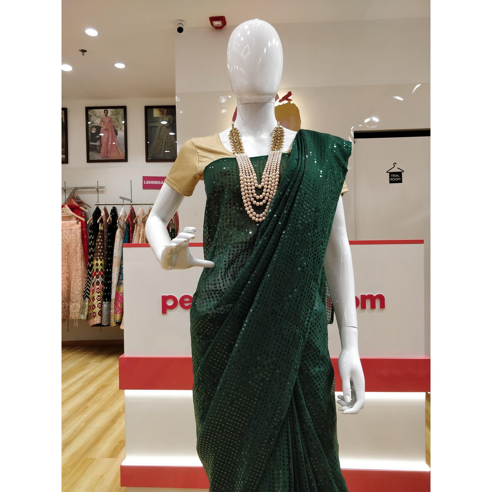 Green Partywear Sequence Work Georgette Saree - Peachmode