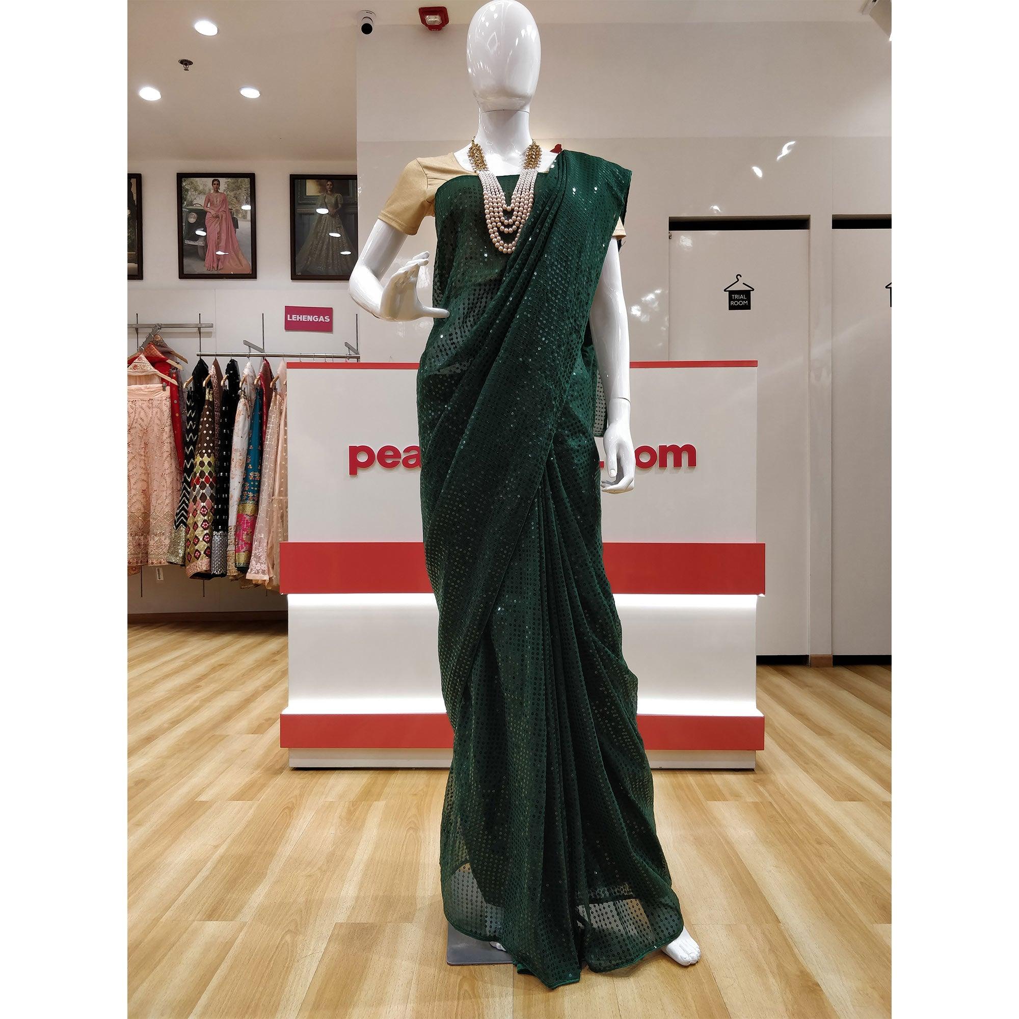 Green Partywear Sequence Work Georgette Saree - Peachmode
