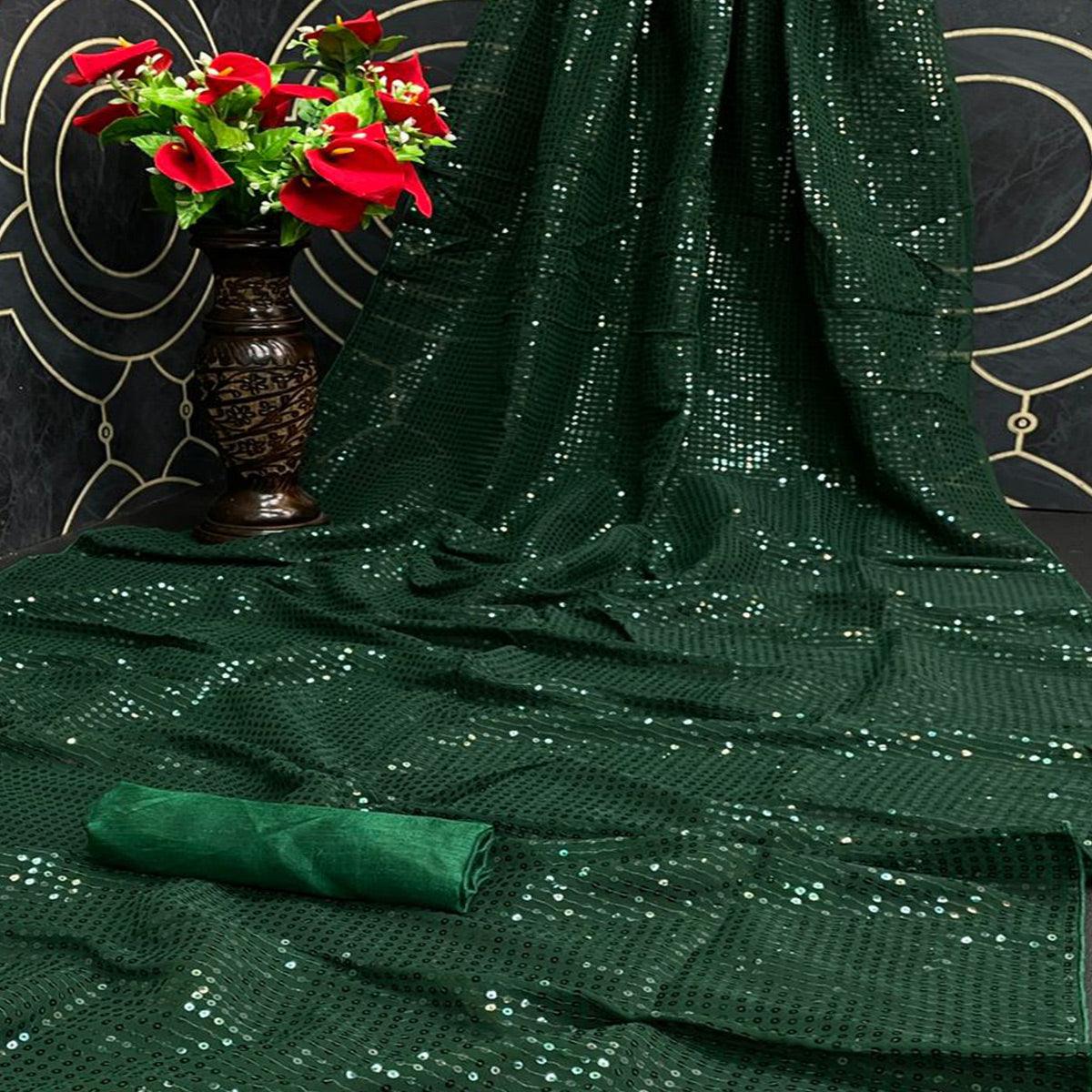 Green Partywear Sequence Work Georgette Saree - Peachmode