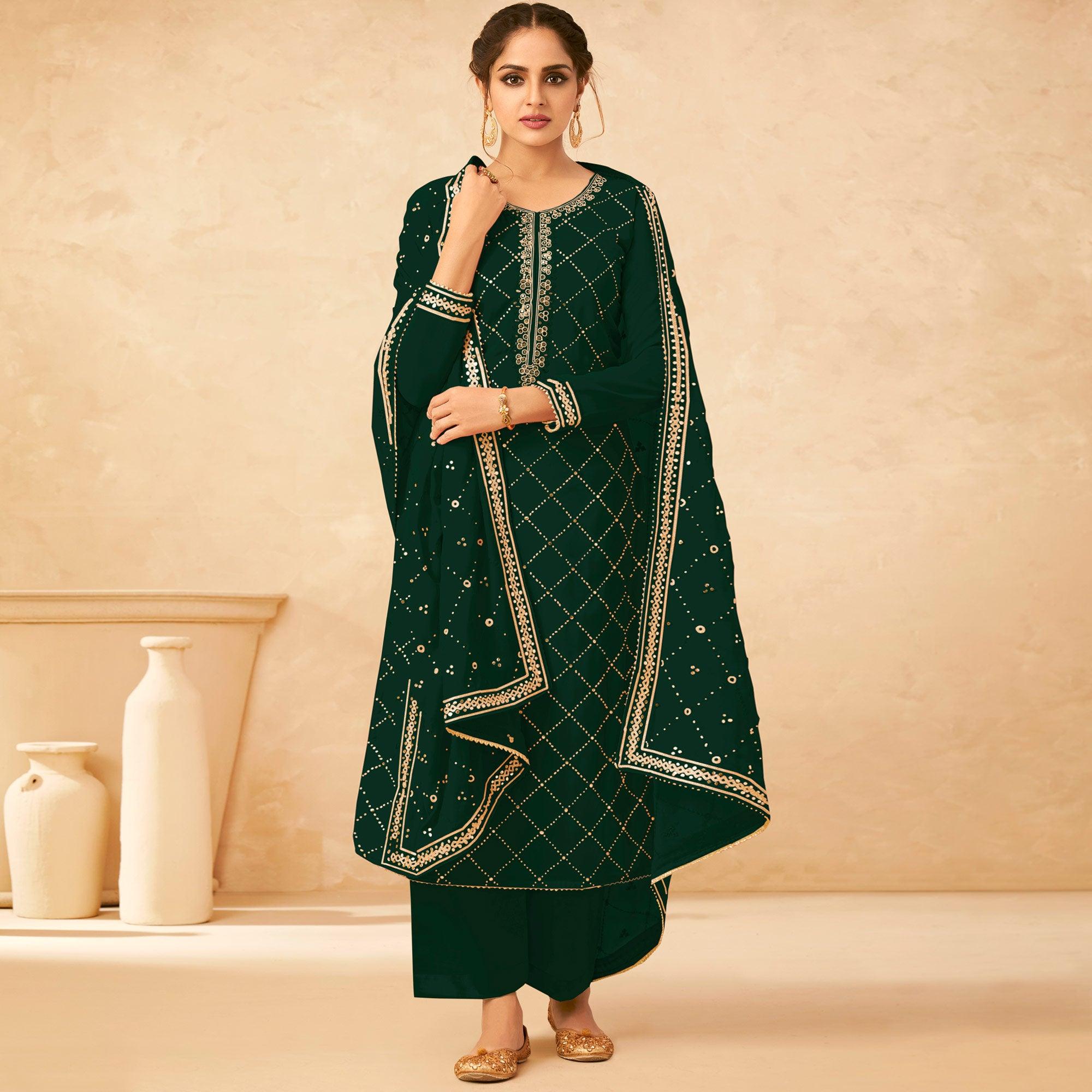 Green Partywear Sequence Work Real Georgette Palazzo Suit - Peachmode
