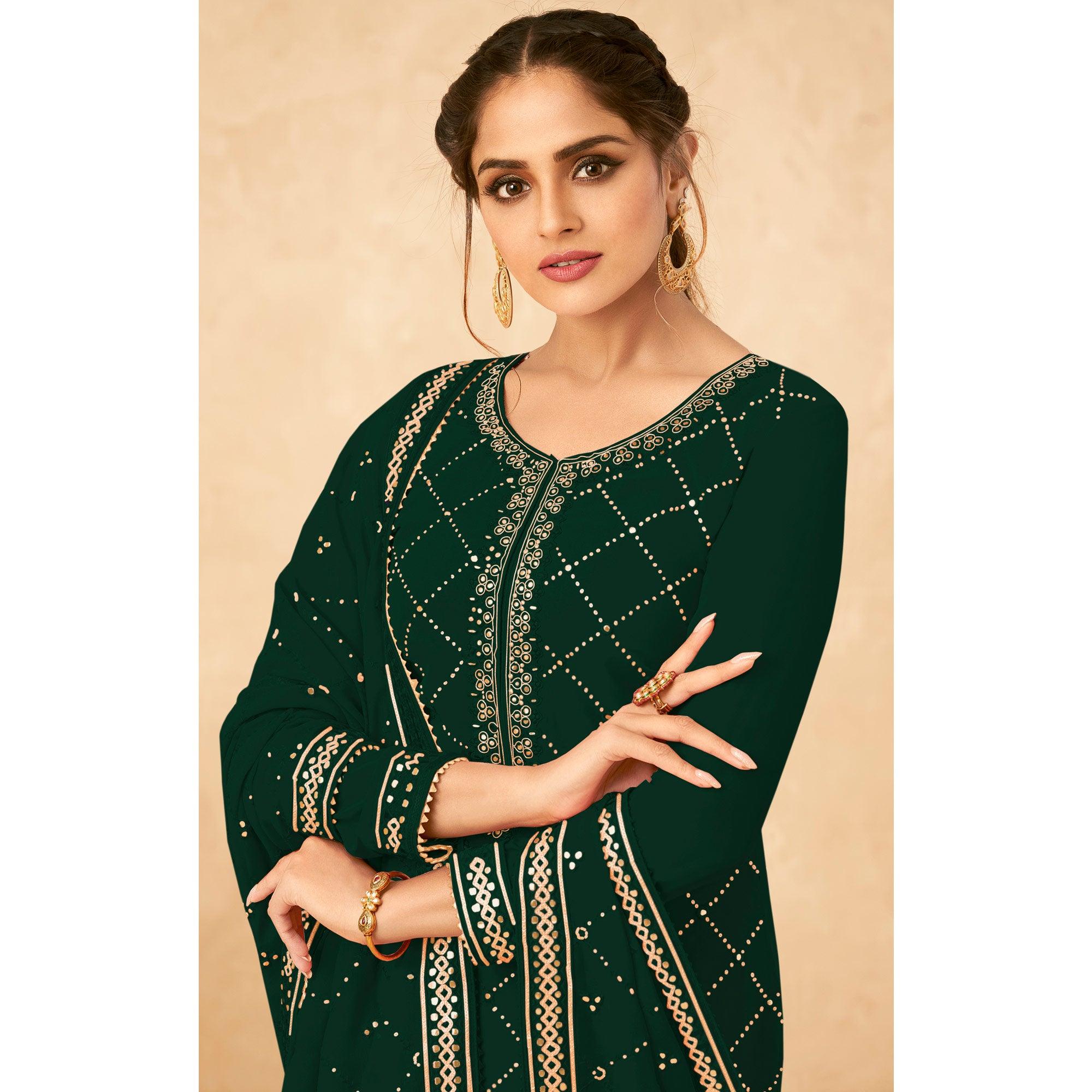 Green Partywear Sequence Work Real Georgette Palazzo Suit - Peachmode