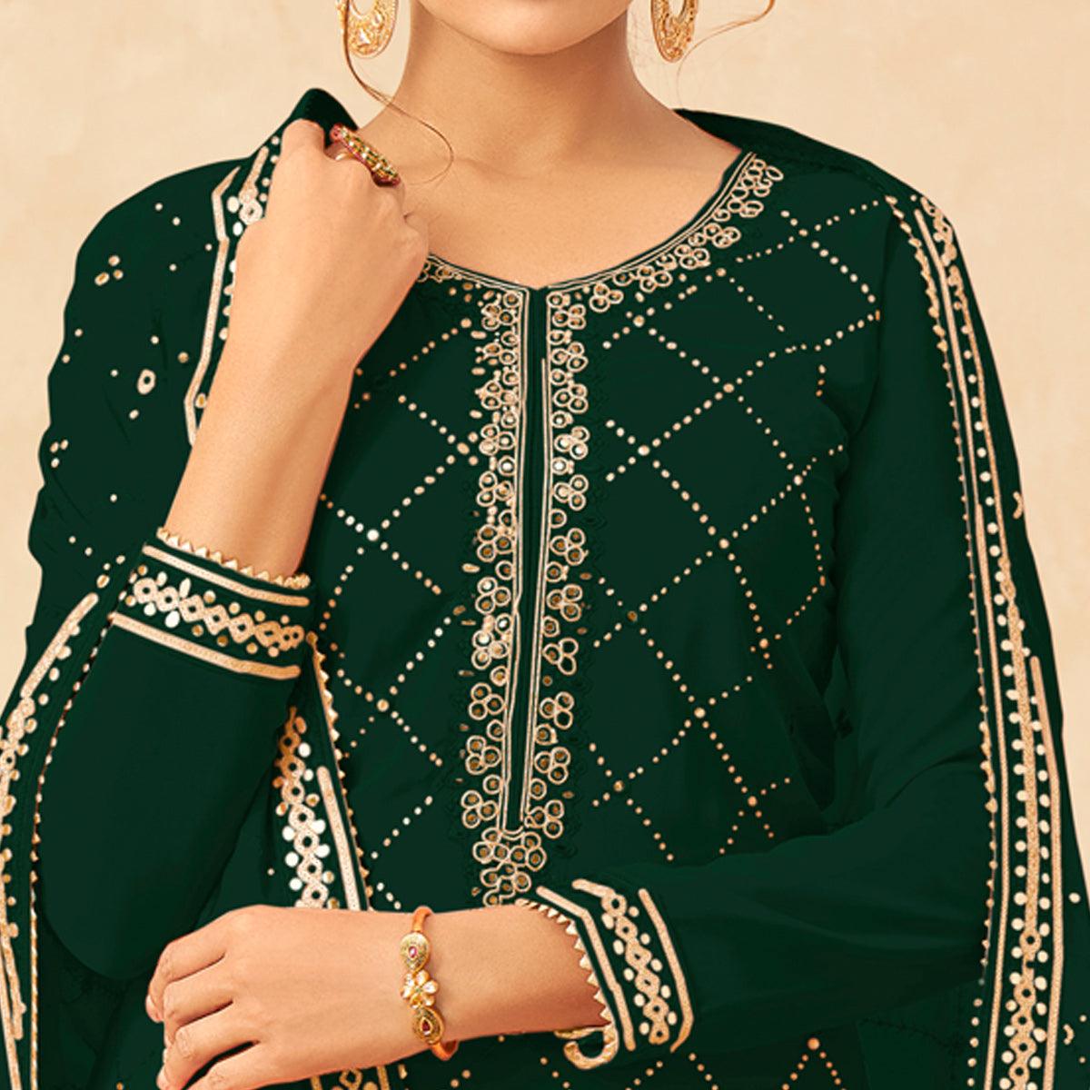 Green Partywear Sequence Work Real Georgette Palazzo Suit - Peachmode
