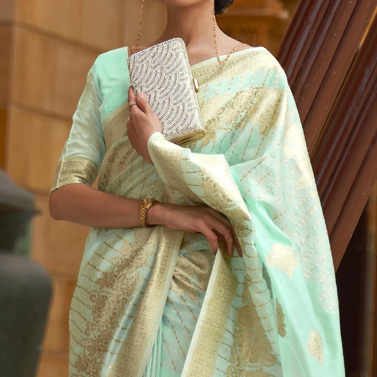 Green Partywear Sequence Woven Chanderi Saree - Peachmode