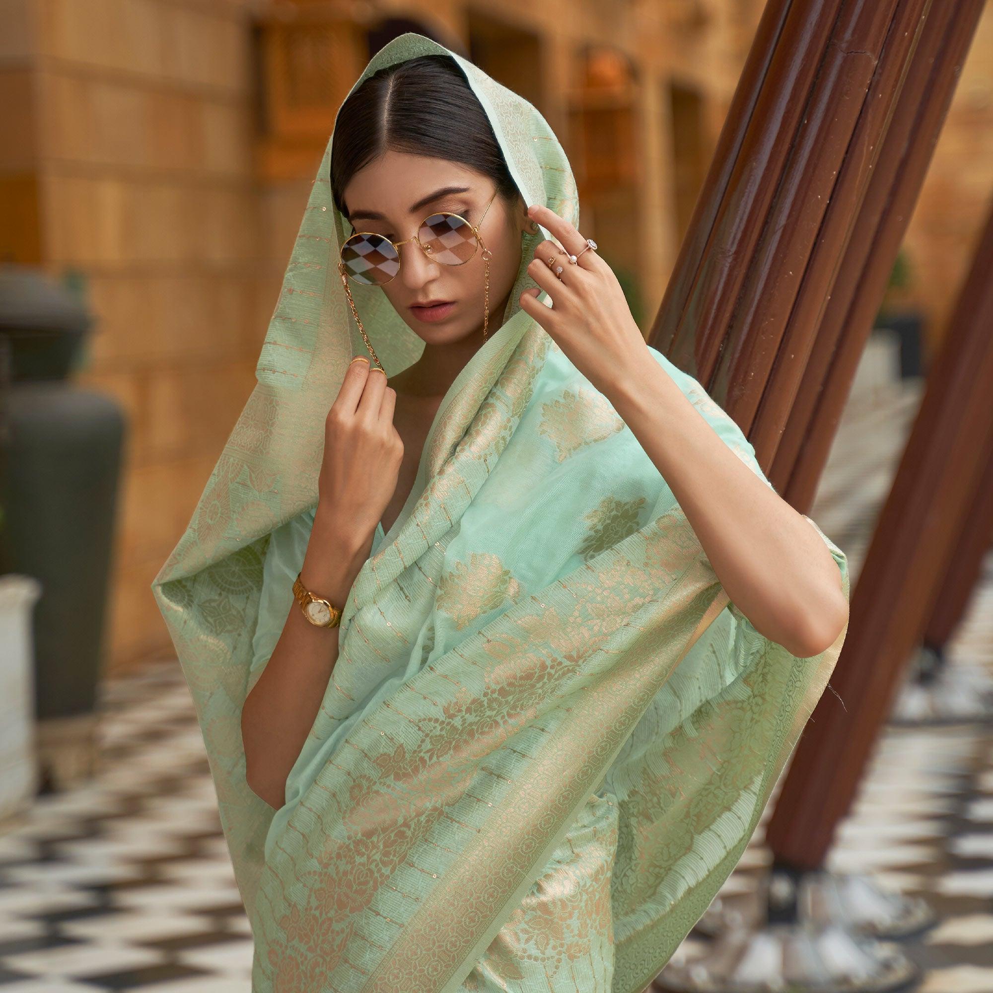 Green Partywear Sequence Woven Chanderi Saree - Peachmode