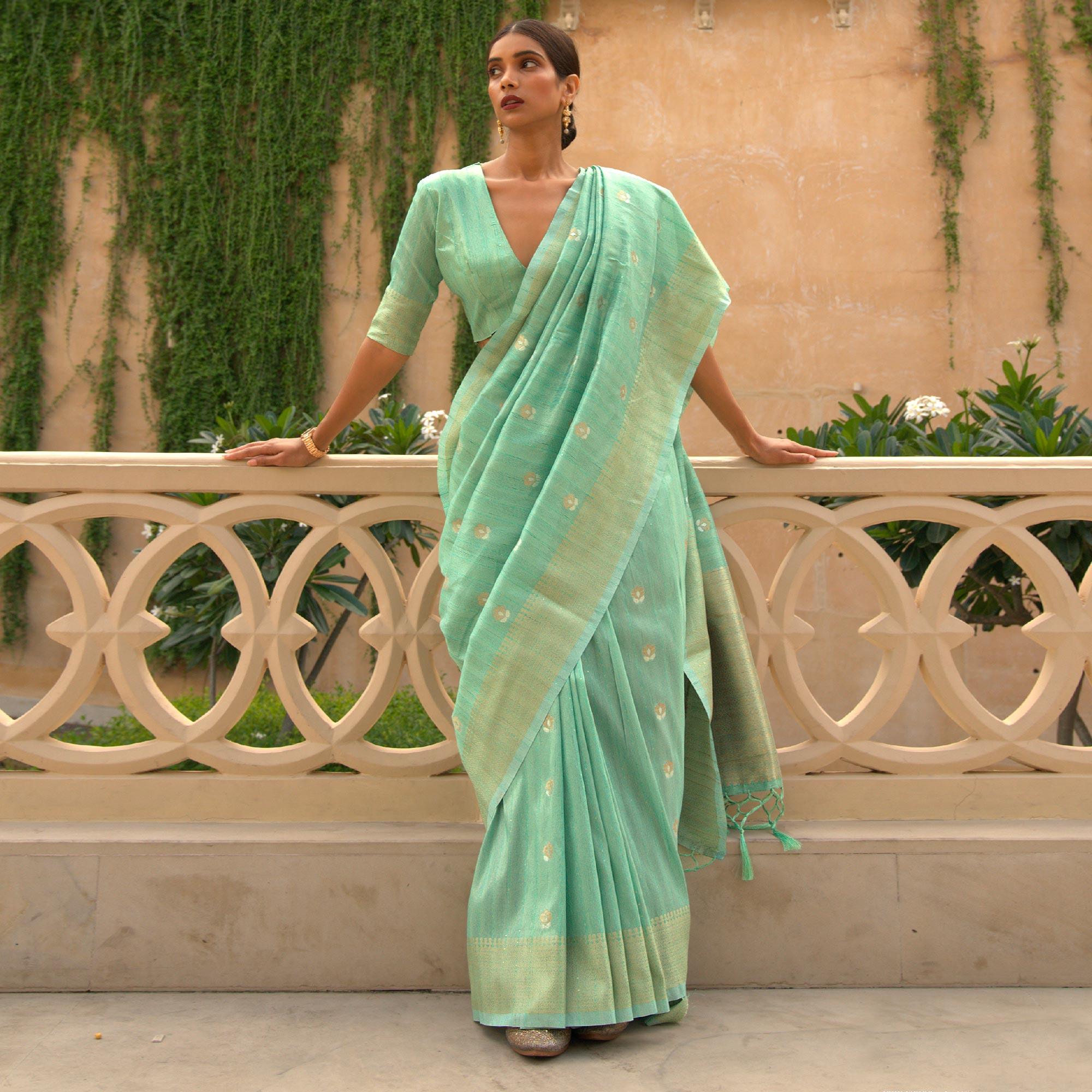 Green Partywear Sequence Woven Silk Saree - Peachmode