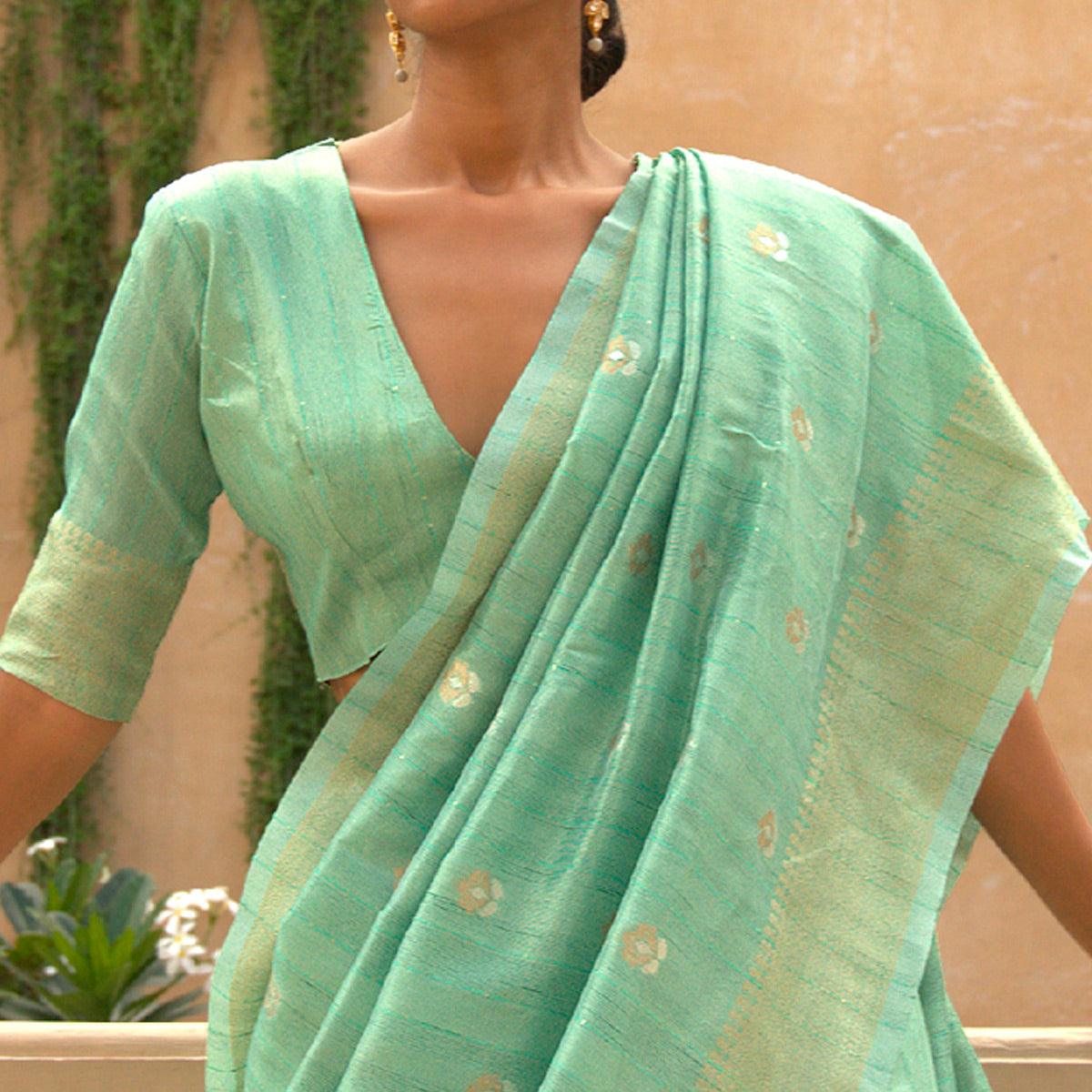 Green Partywear Sequence Woven Silk Saree - Peachmode