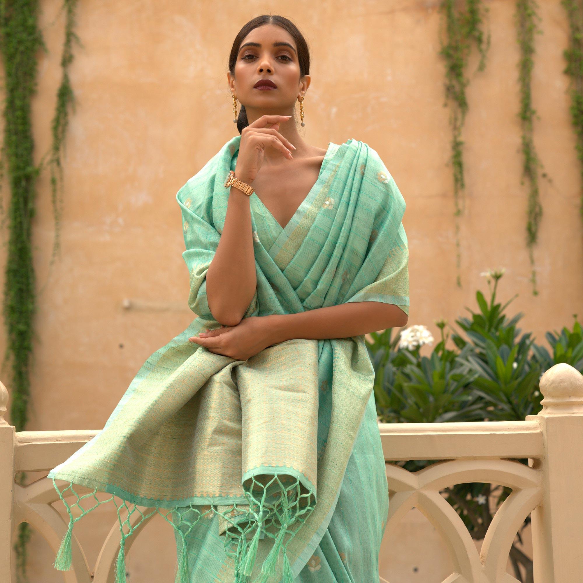 Green Partywear Sequence Woven Silk Saree - Peachmode