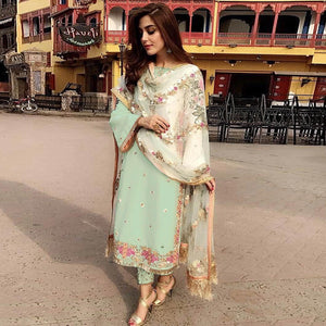 Green Partywear Straight cut Style Embroidery and Moti Work faux Georgette Salwar Suit - Peachmode