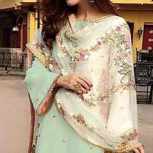 Green Partywear Straight cut Style Embroidery and Moti Work faux Georgette Salwar Suit - Peachmode