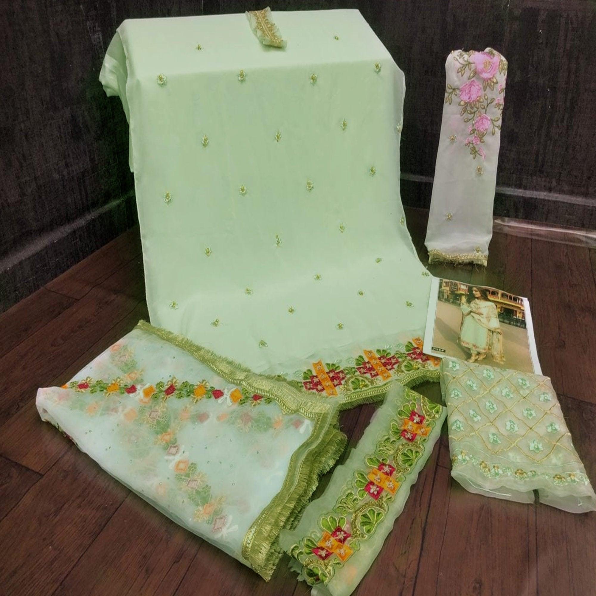 Green Partywear Straight cut Style Embroidery and Moti Work faux Georgette Salwar Suit - Peachmode