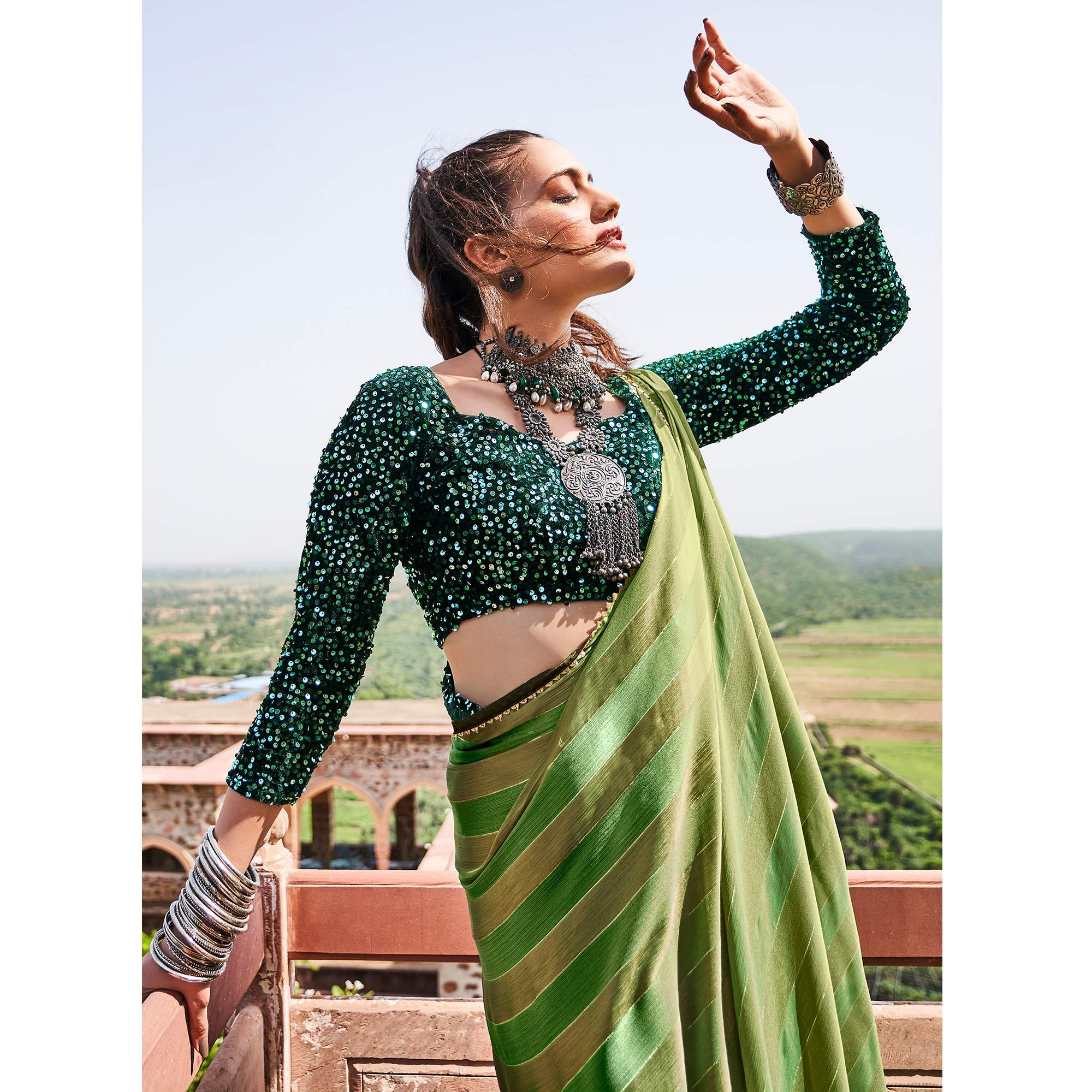 Green Partywear Striped Printed Saree With Fancy Lace - Peachmode