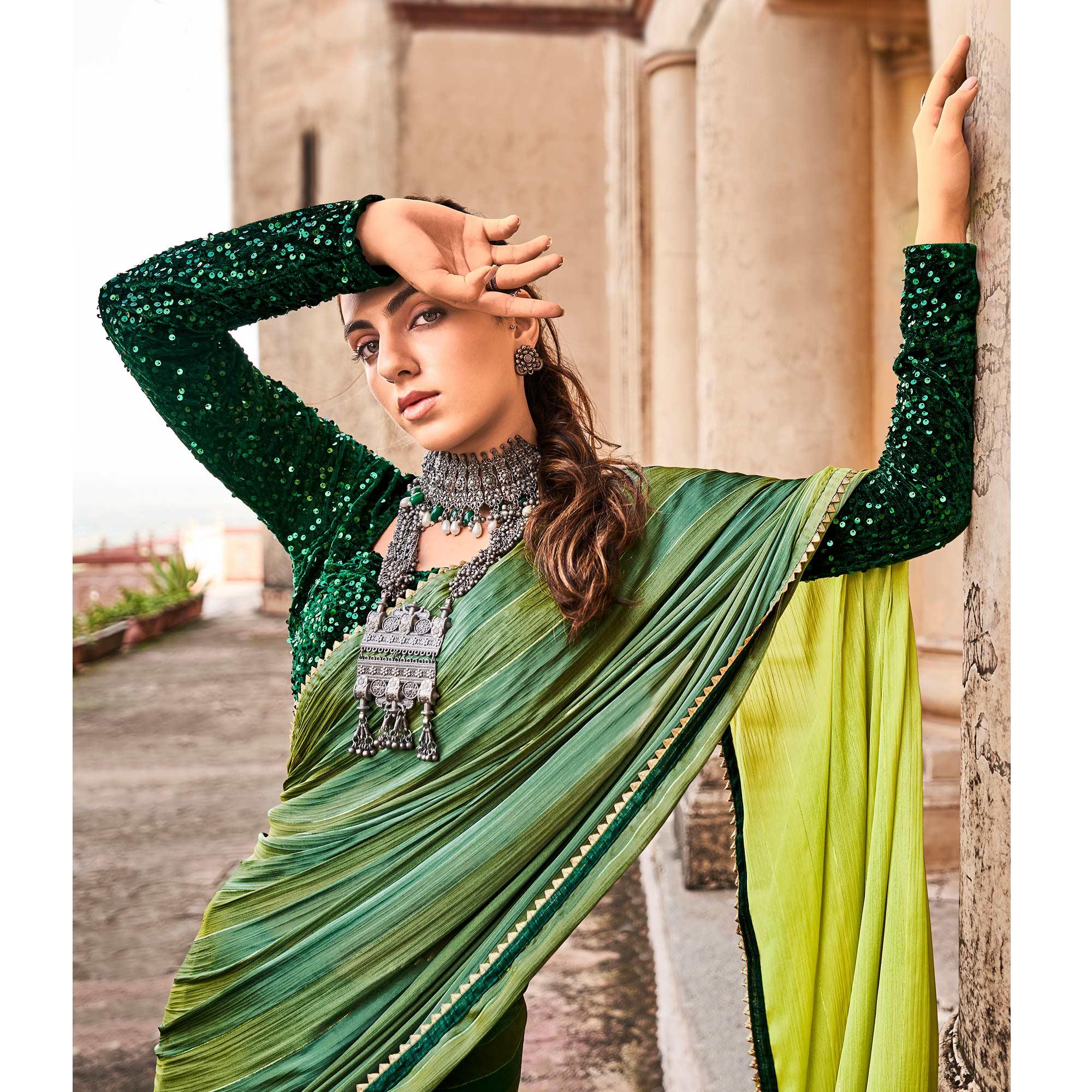 Green Partywear Striped Printed Saree With Fancy Lace - Peachmode