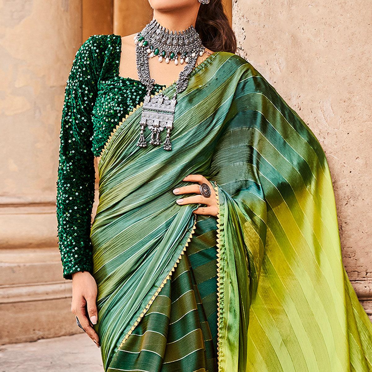Green Partywear Striped Printed Saree With Fancy Lace - Peachmode