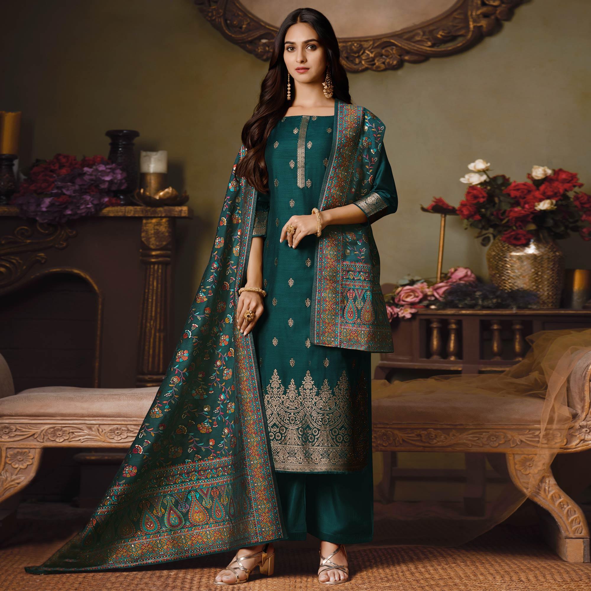 Green Partywear Swarovski Work Silk Jacquard Palazzo Suit - Peachmode