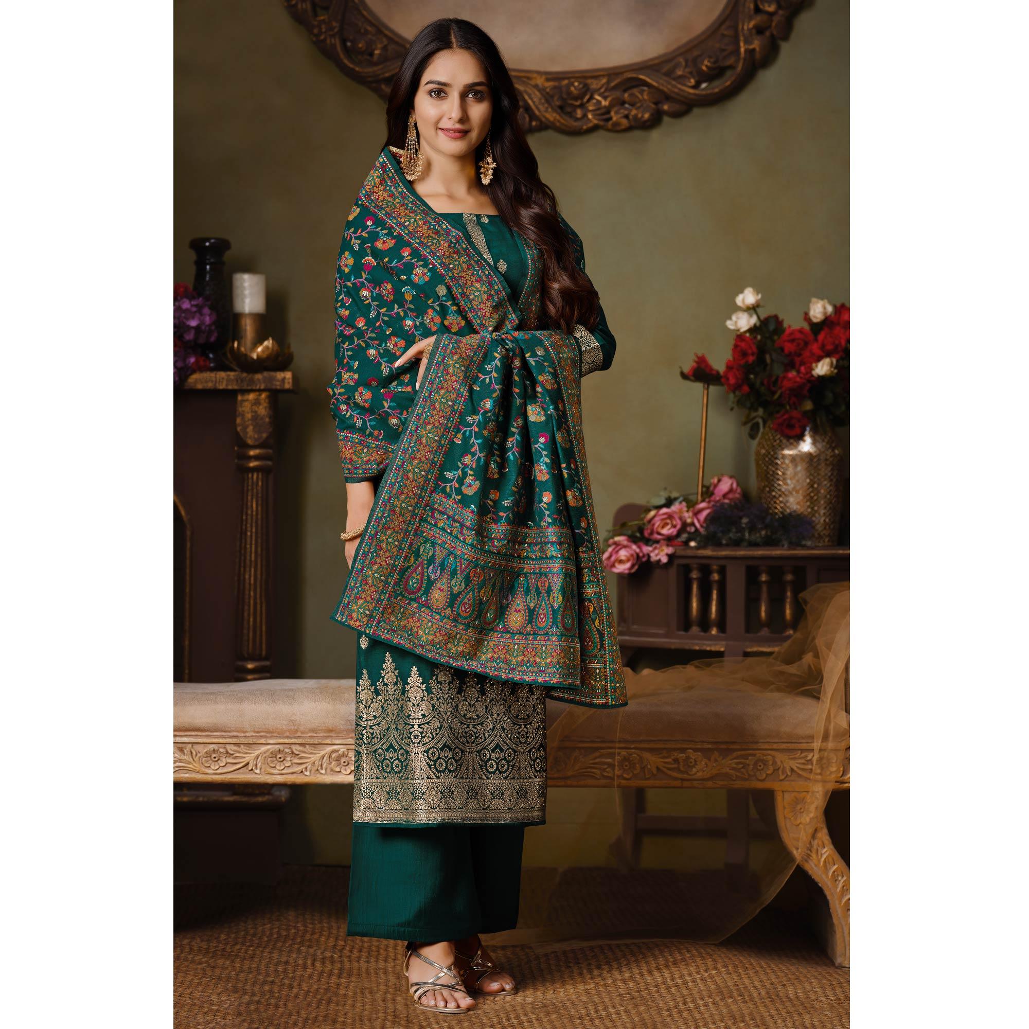 Green Partywear Swarovski Work Silk Jacquard Palazzo Suit - Peachmode