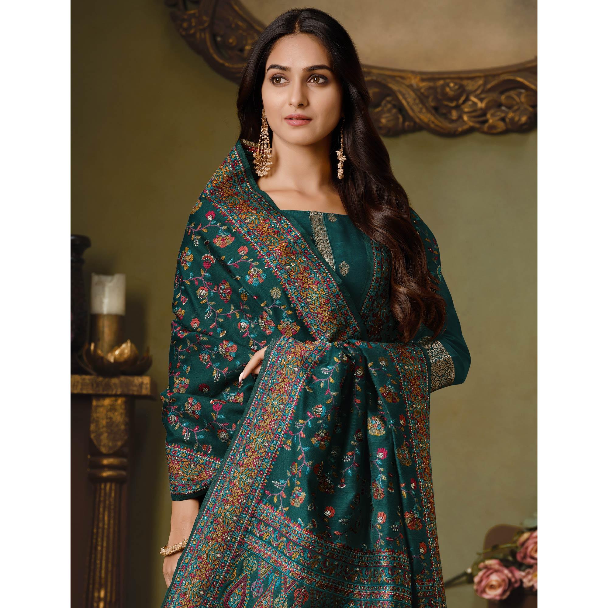 Green Partywear Swarovski Work Silk Jacquard Palazzo Suit - Peachmode
