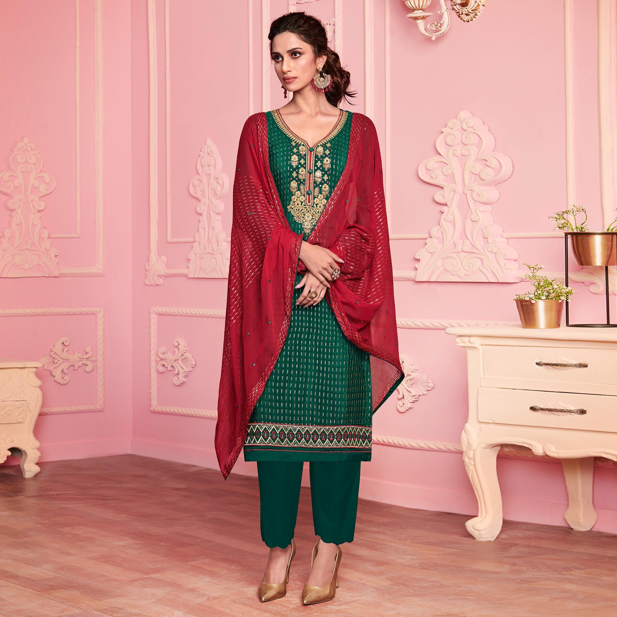 Green Partywear Thread Embroidered Alizeh Georgette Suit - Peachmode