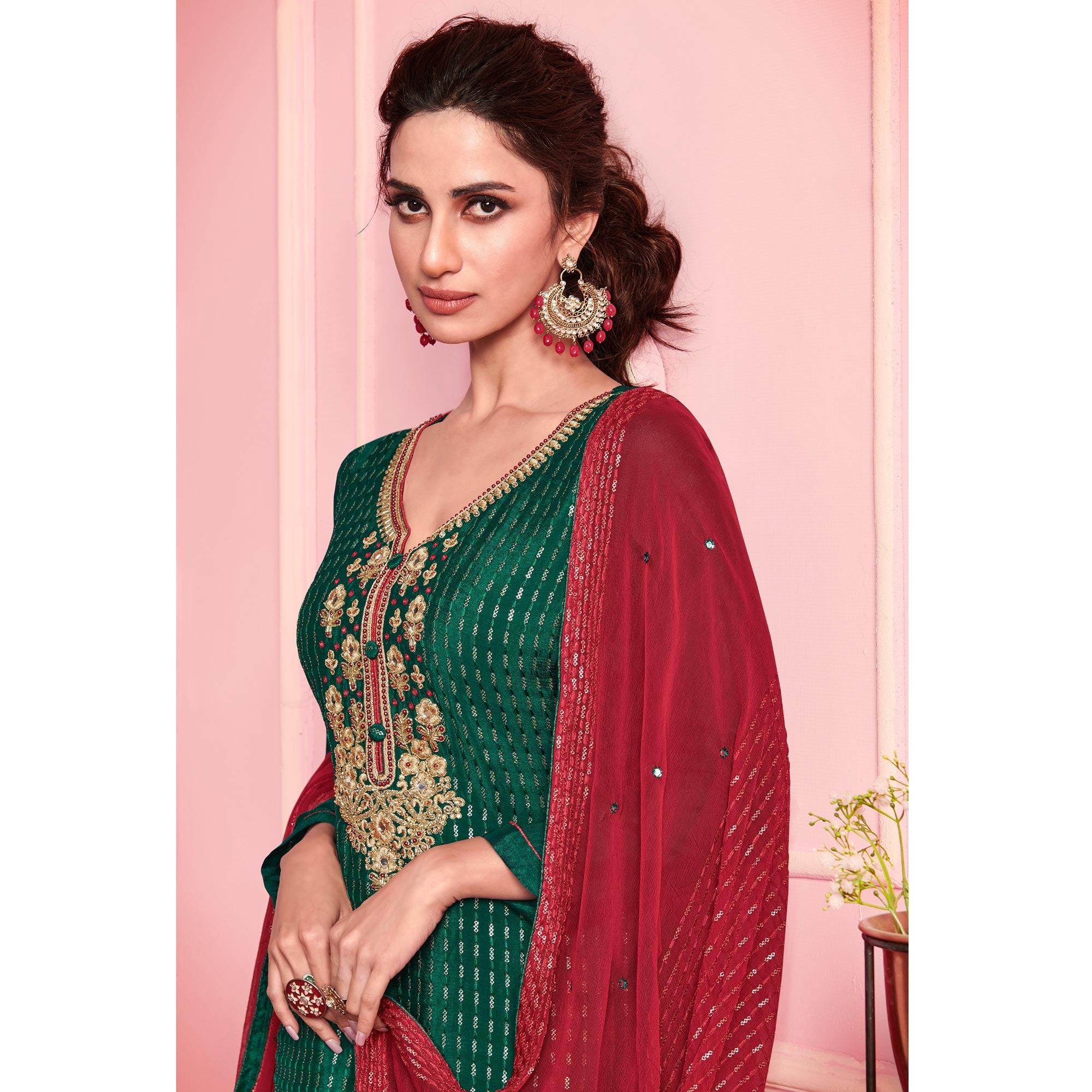 Green Partywear Thread Embroidered Alizeh Georgette Suit - Peachmode