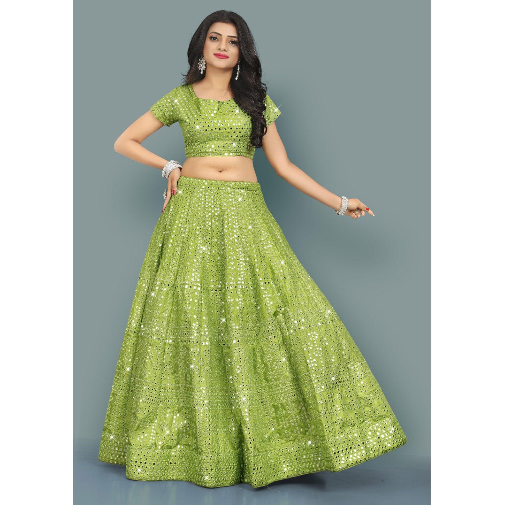 Green Partywear Thread With Mirror Embroidery Chiffon Lehenga Choli - Peachmode