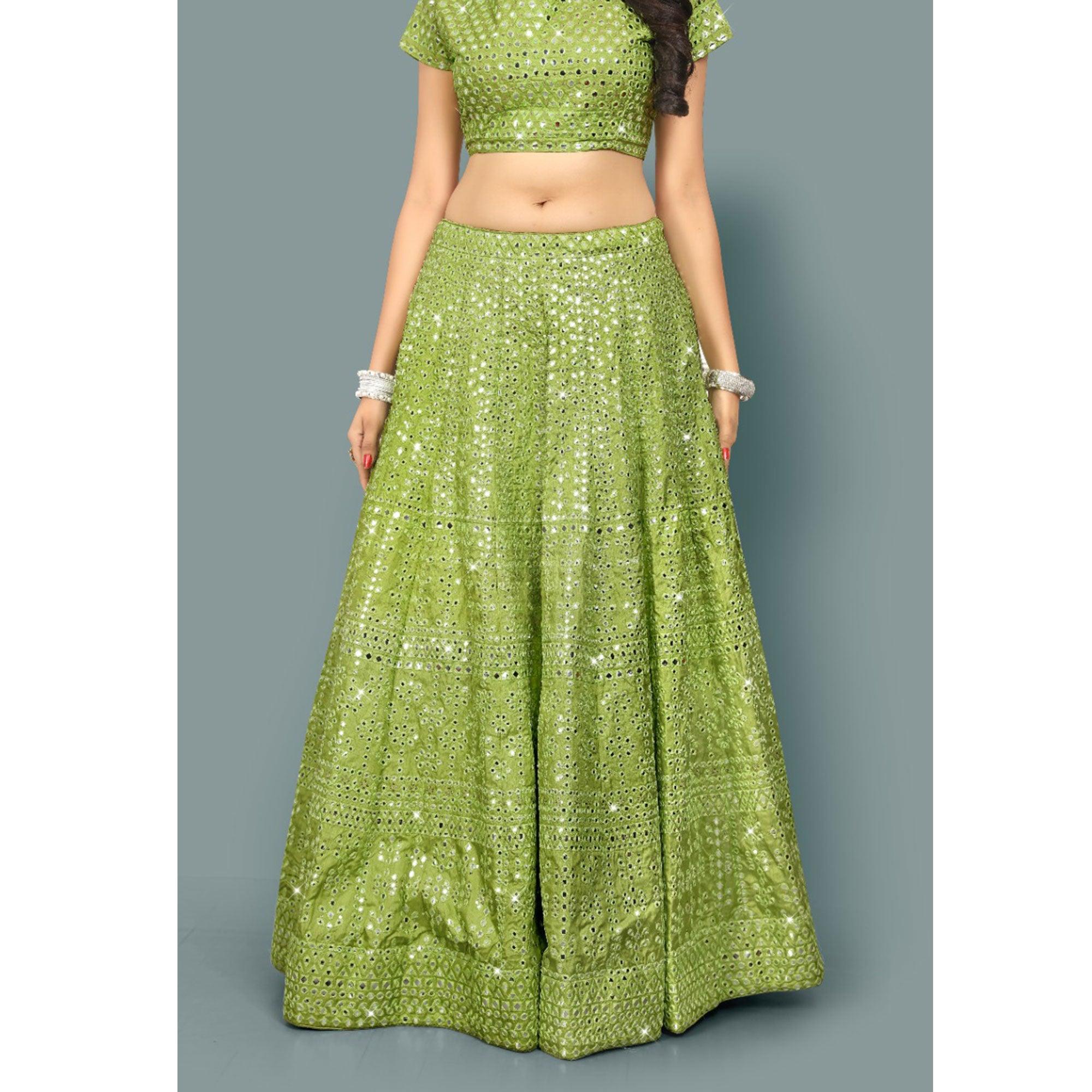 Green Partywear Thread With Mirror Embroidery Chiffon Lehenga Choli - Peachmode