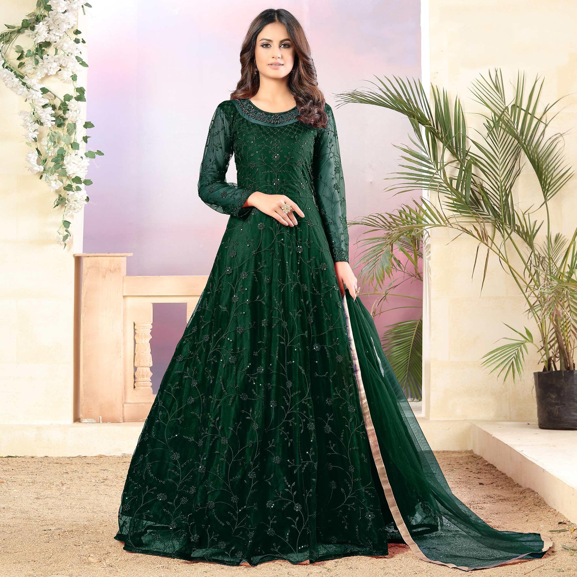 Green Partywear Tone to Tone Thread and Sequence Work Net Semi Stitched Anarkali Suit - Peachmode
