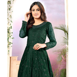 Green Partywear Tone to Tone Thread and Sequence Work Net Semi Stitched Anarkali Suit - Peachmode