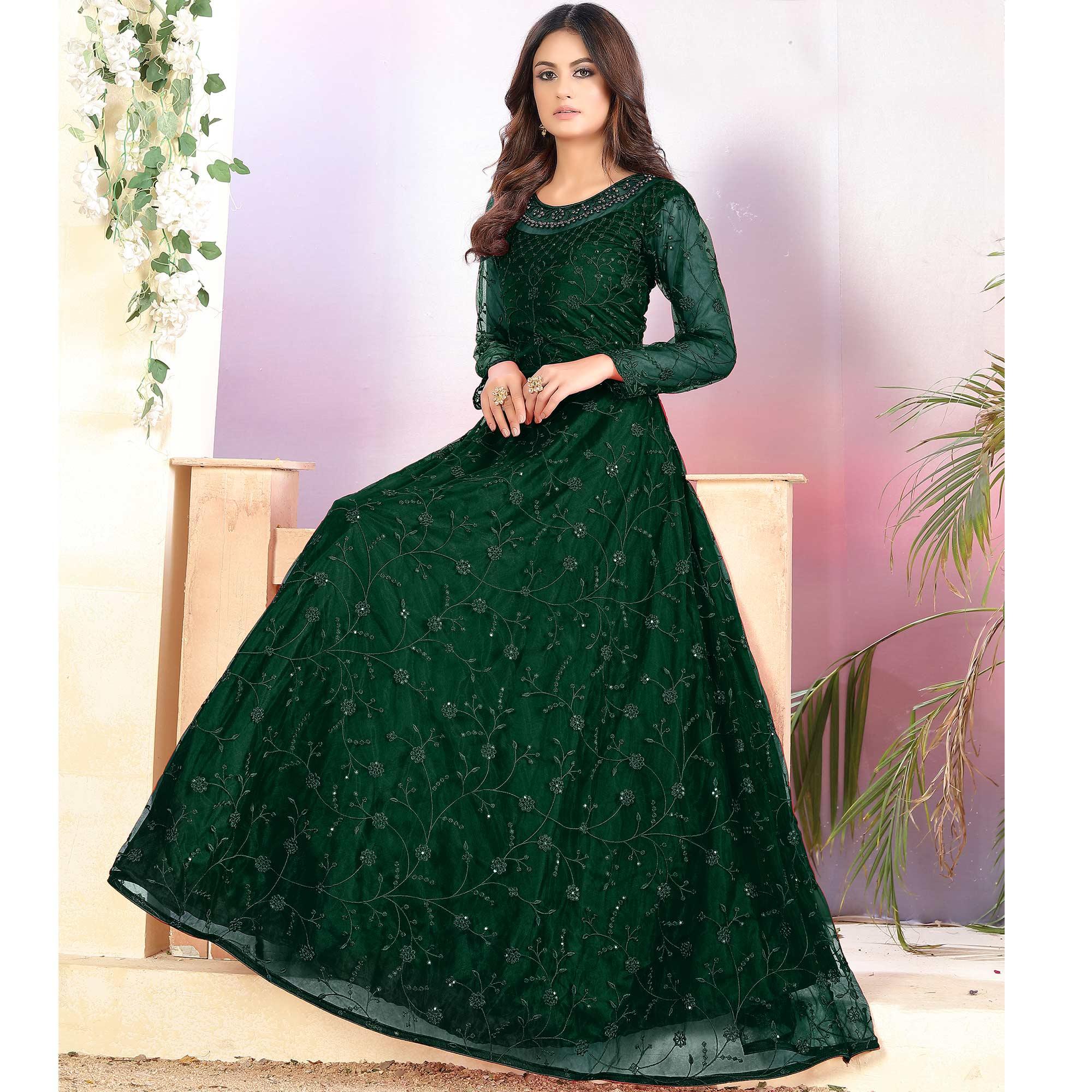 Green Partywear Tone to Tone Thread and Sequence Work Net Semi Stitched Anarkali Suit - Peachmode