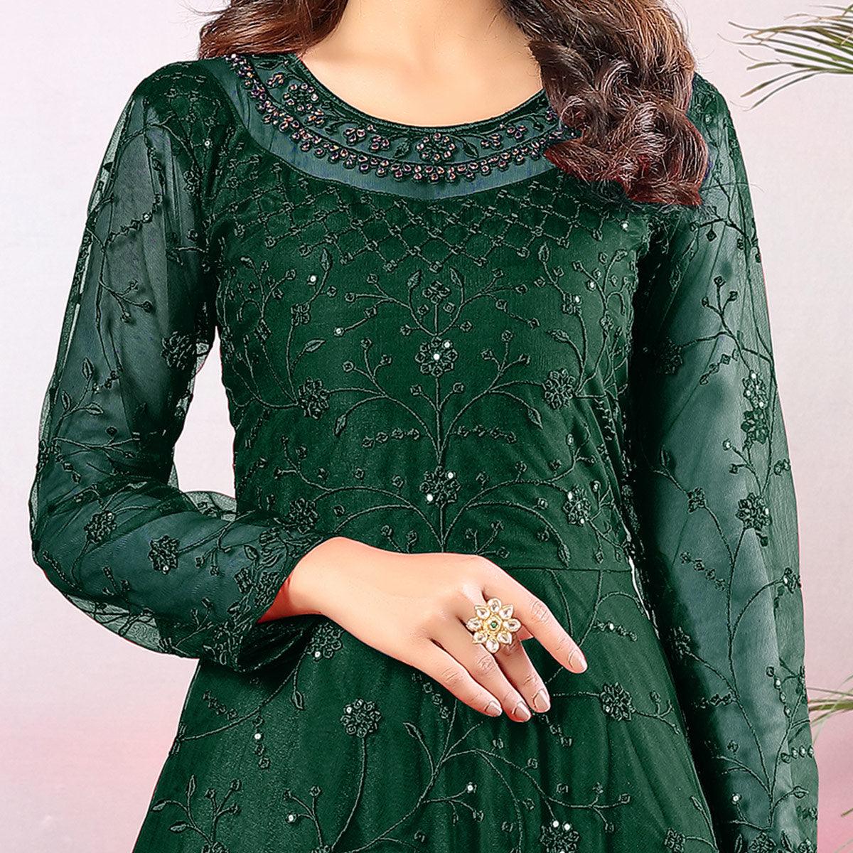Green Partywear Tone to Tone Thread and Sequence Work Net Semi Stitched Anarkali Suit - Peachmode