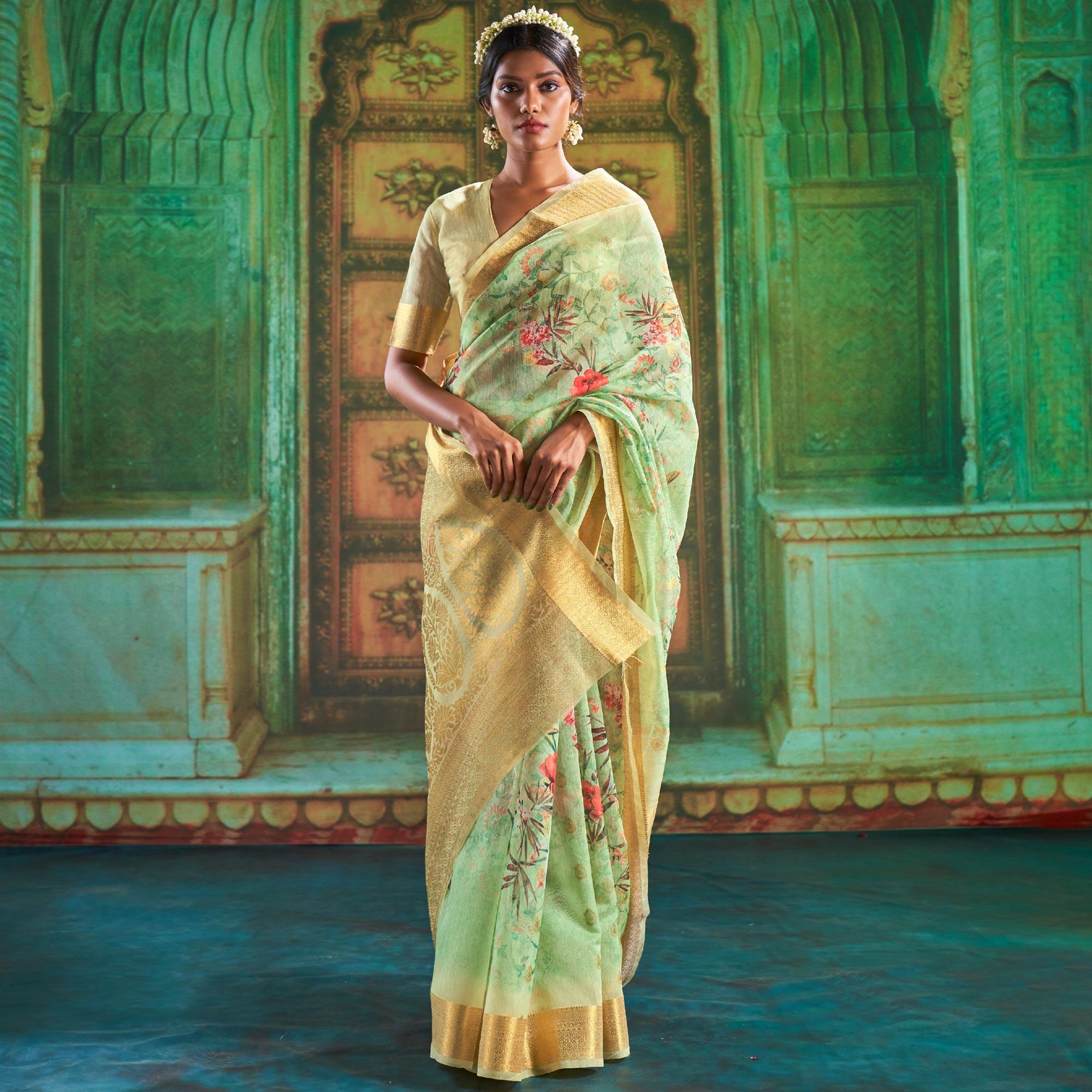 Green Partywear Wear Digital Floral Taspa Linen Silk Saree - Peachmode