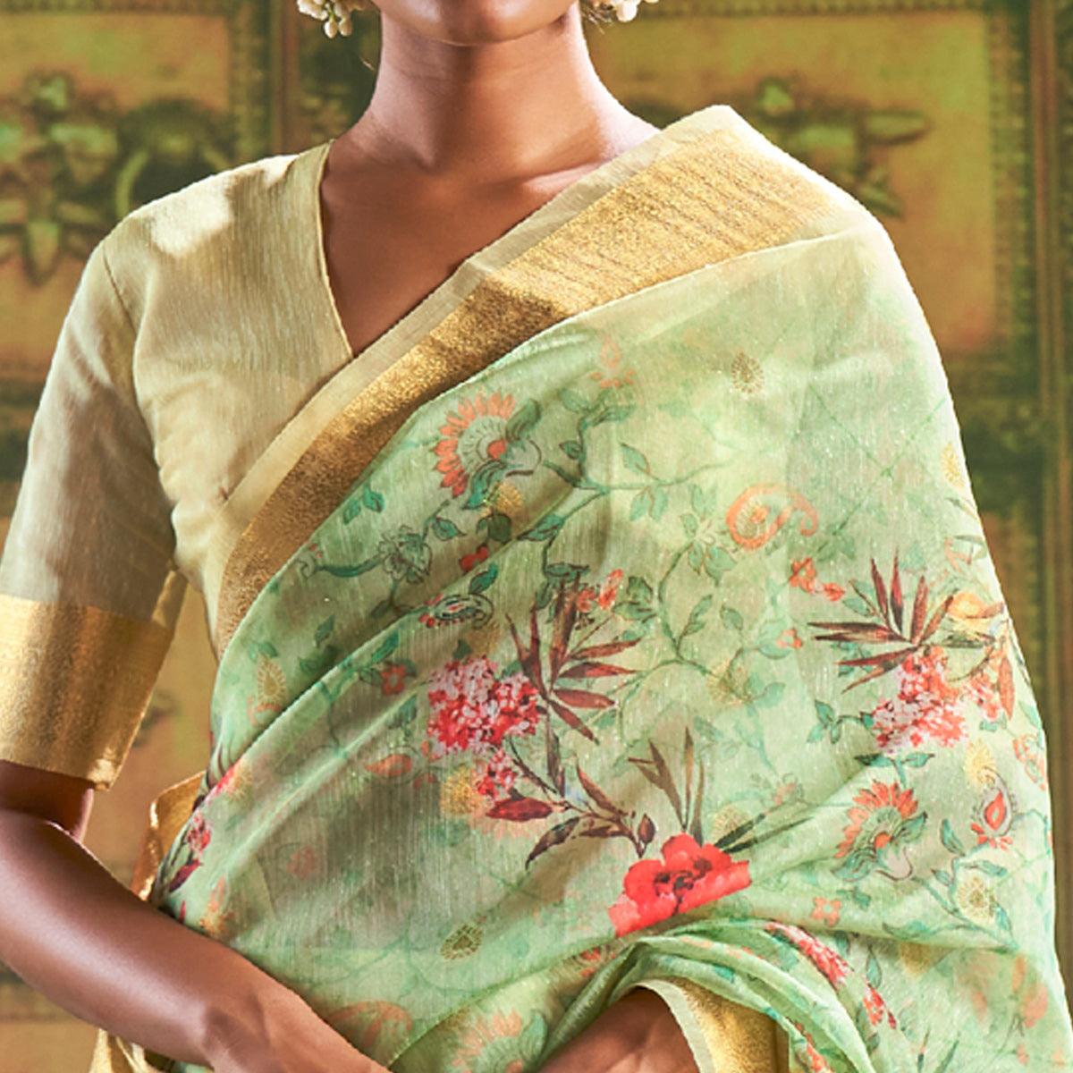 Green Partywear Wear Digital Floral Taspa Linen Silk Saree - Peachmode
