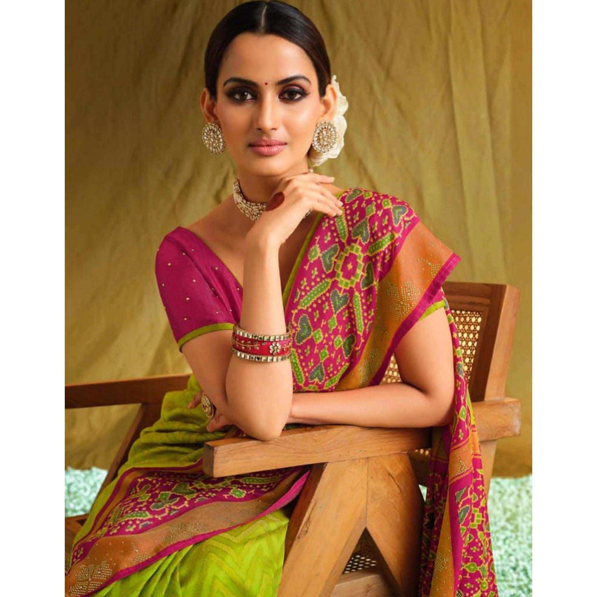 Green Partywear Weaving Resham Work Brasso Saree - Peachmode