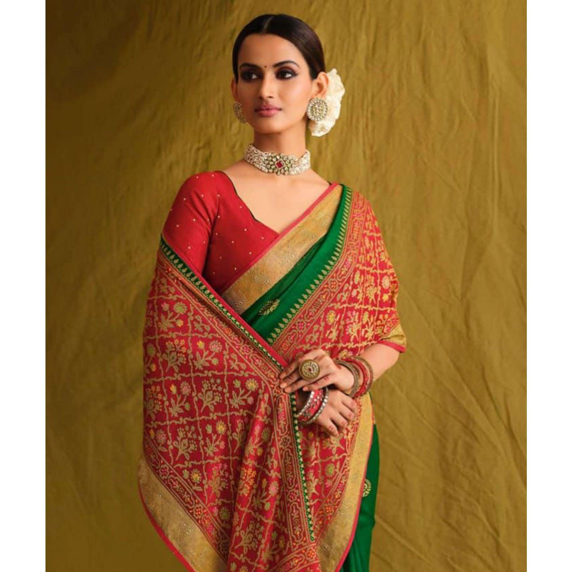 Green Partywear Weaving Resham Work Brasso Saree - Peachmode