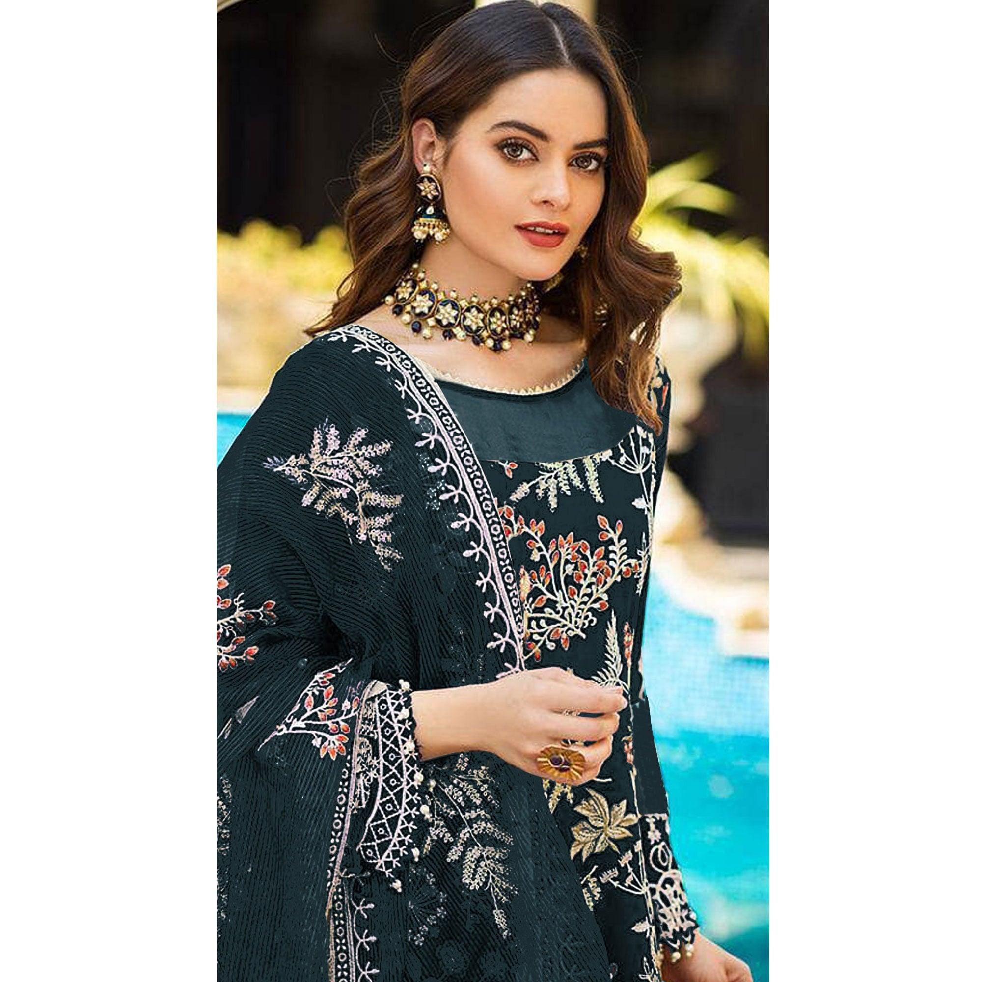 Green Partywear Women's Floral Embroidered Georgette & Santoon Semi-Stitched Pakistani Suit - Peachmode