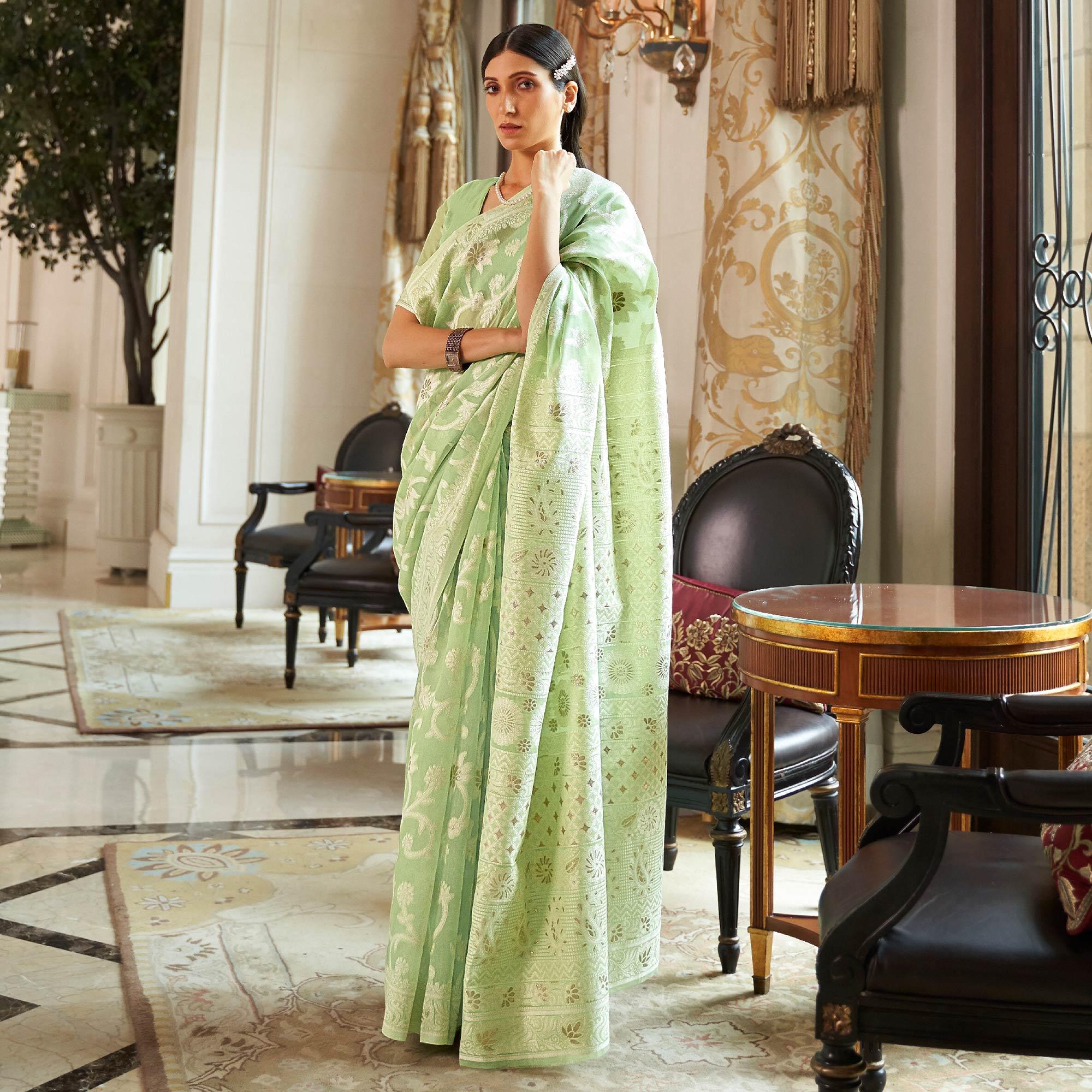 Green Partywear Woven Chanderi Saree - Peachmode