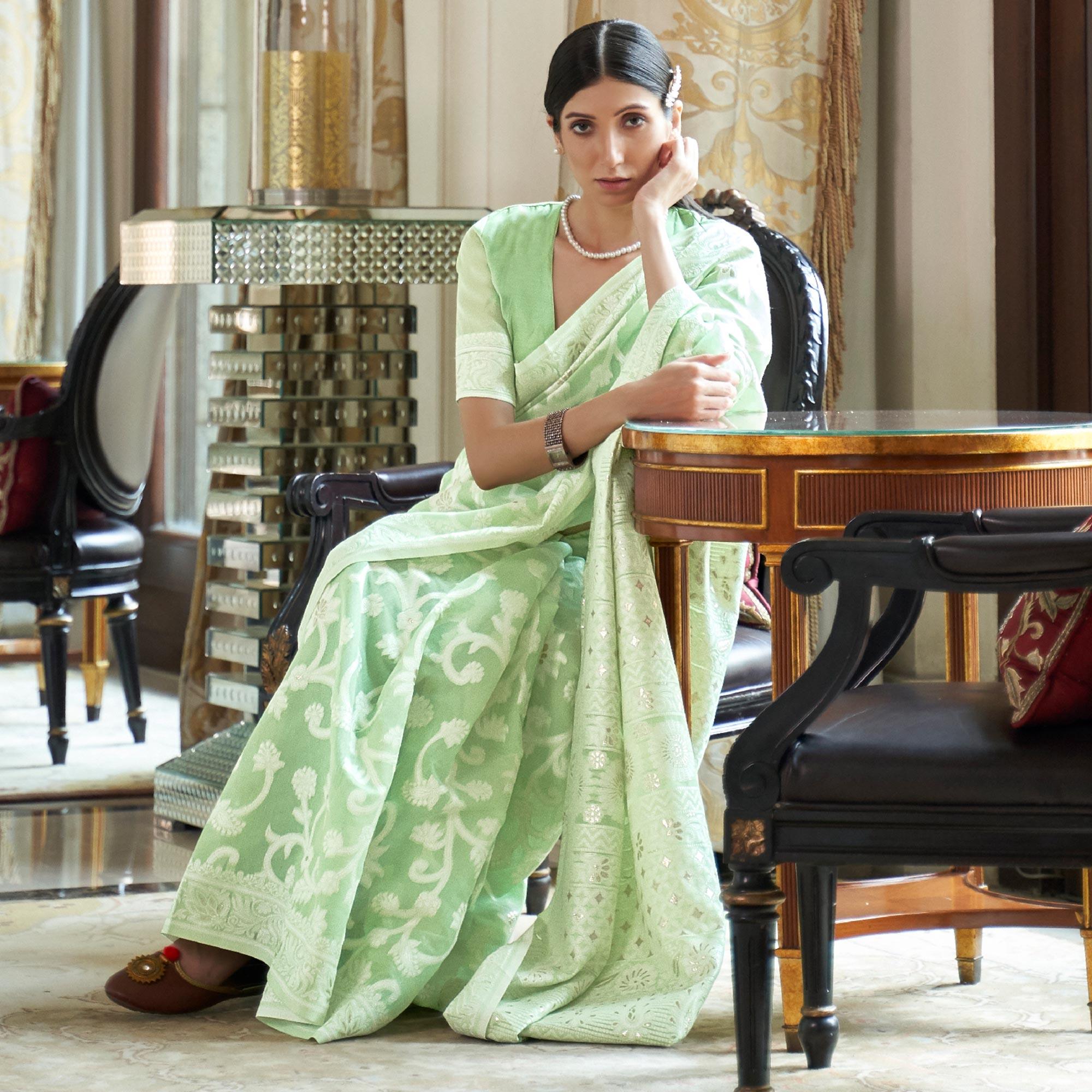 Green Partywear Woven Chanderi Saree - Peachmode