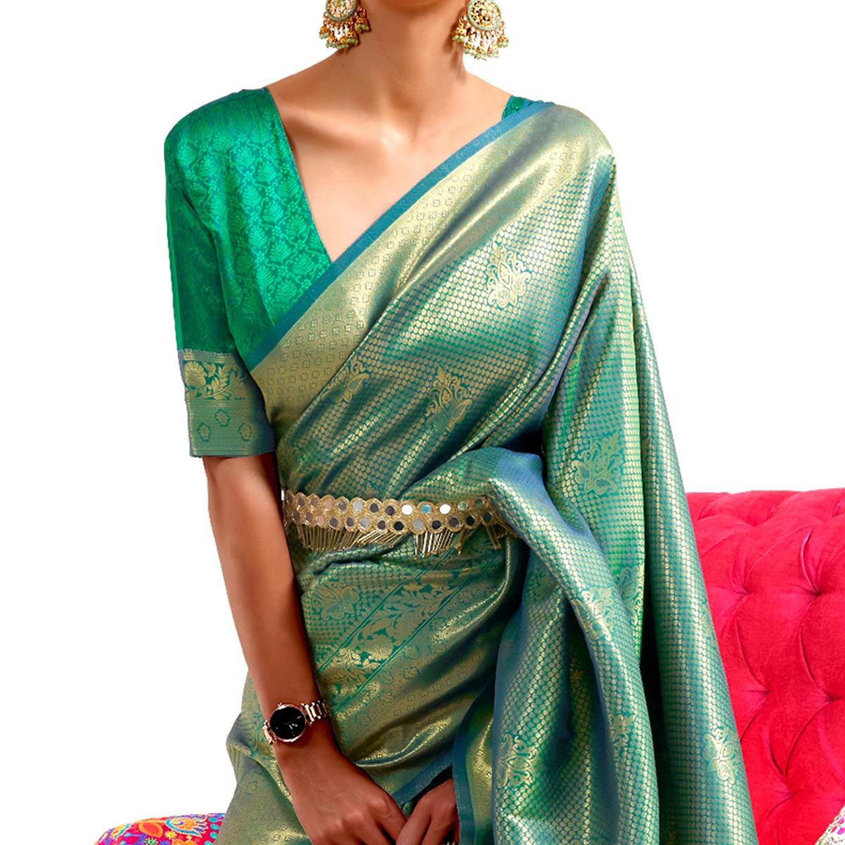 Green Partywear Woven Handloom Silk Saree - Peachmode