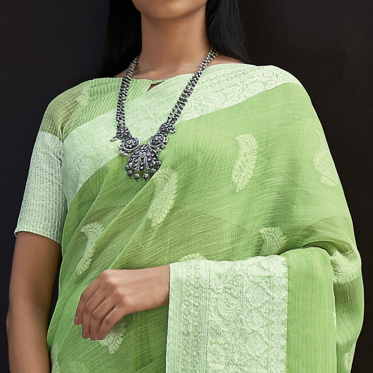 Green Partywear Woven Linen Saree - Peachmode