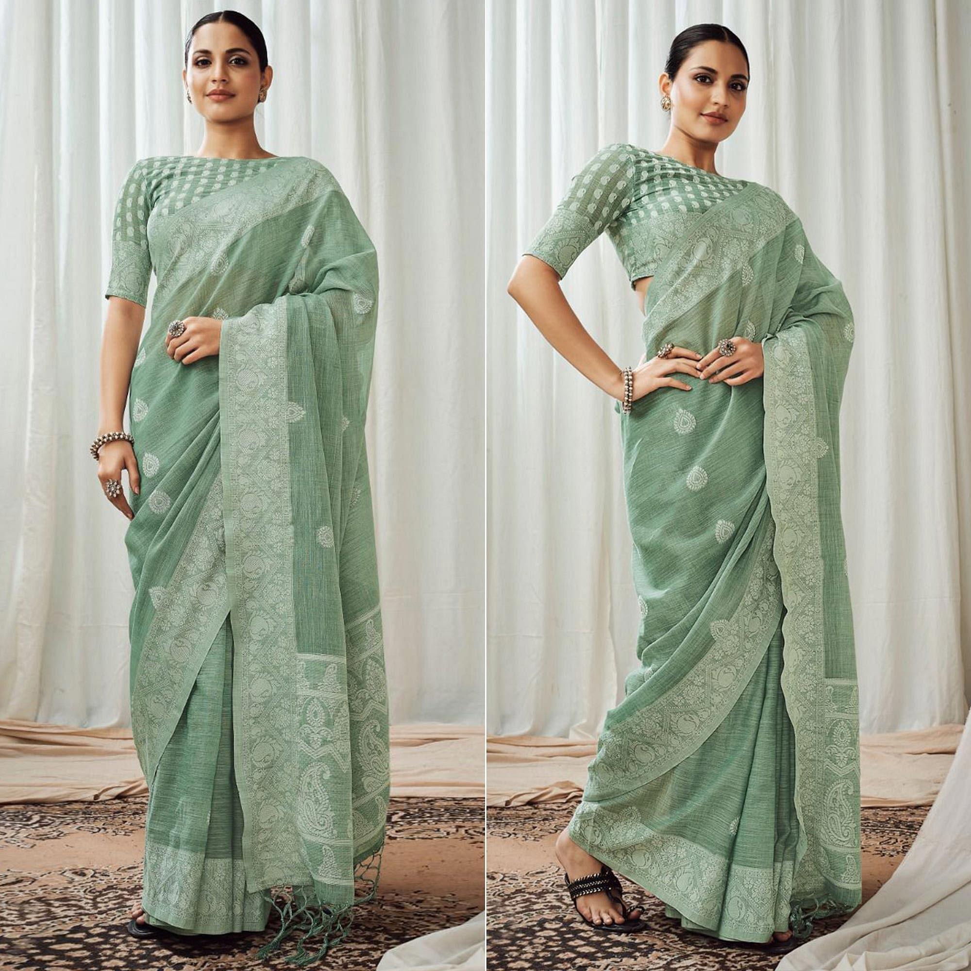 Green Partywear Woven Lucknowi Linen Saree - Peachmode