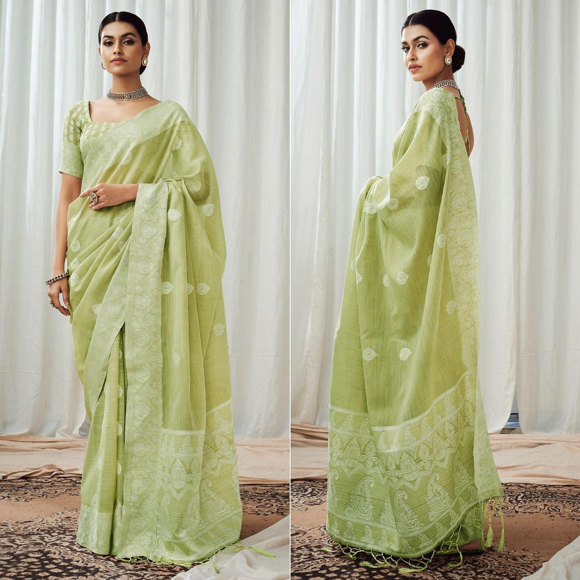 Green Partywear Woven Lucknowi Linen Saree - Peachmode